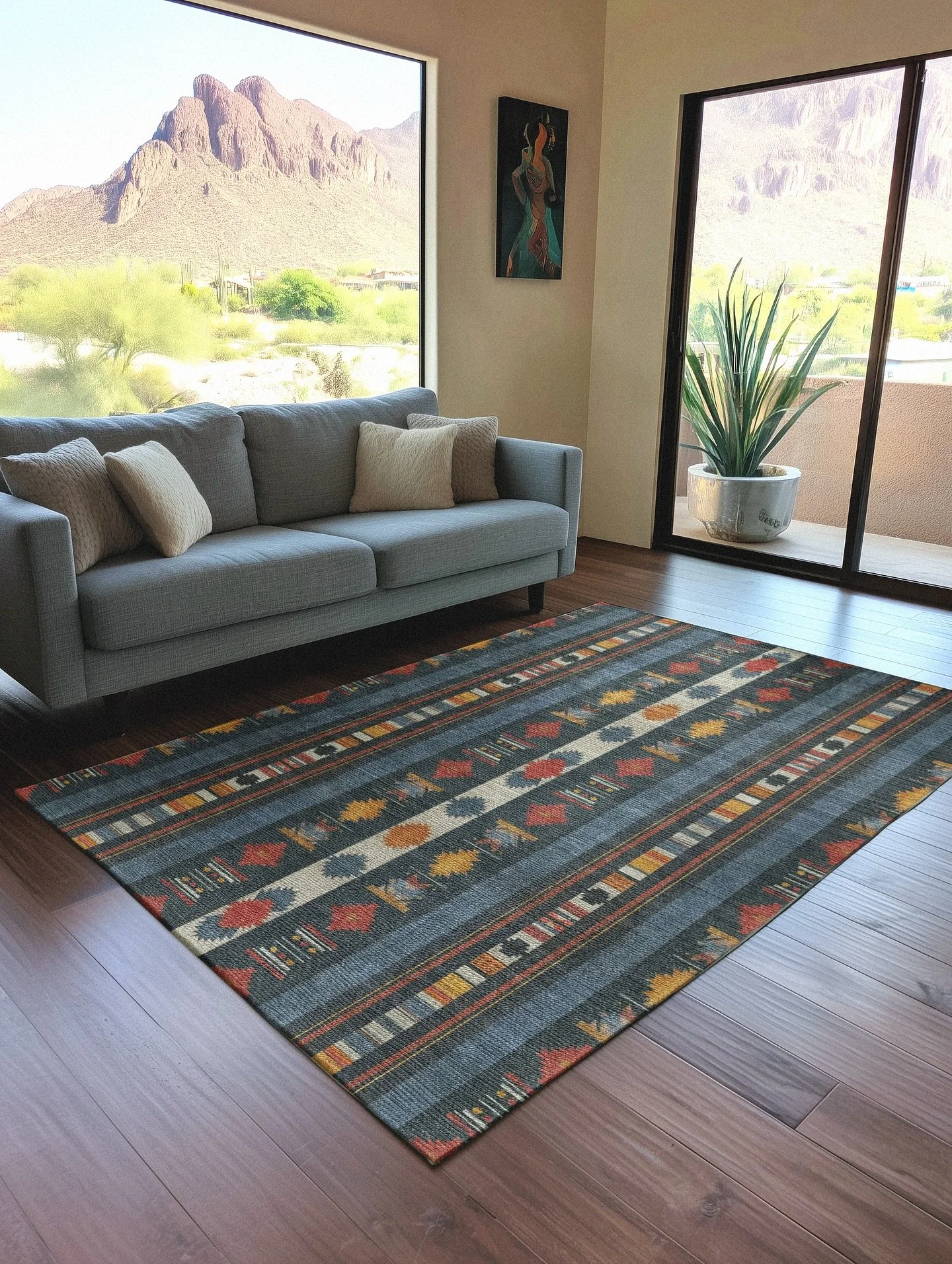 Our Tonopah design is inspired by cowboys and denim. Rich hues of blue are layered with bright southwestern elements, adding color and rhythm to any rustic, eclectic, or bohemian aesthetic.