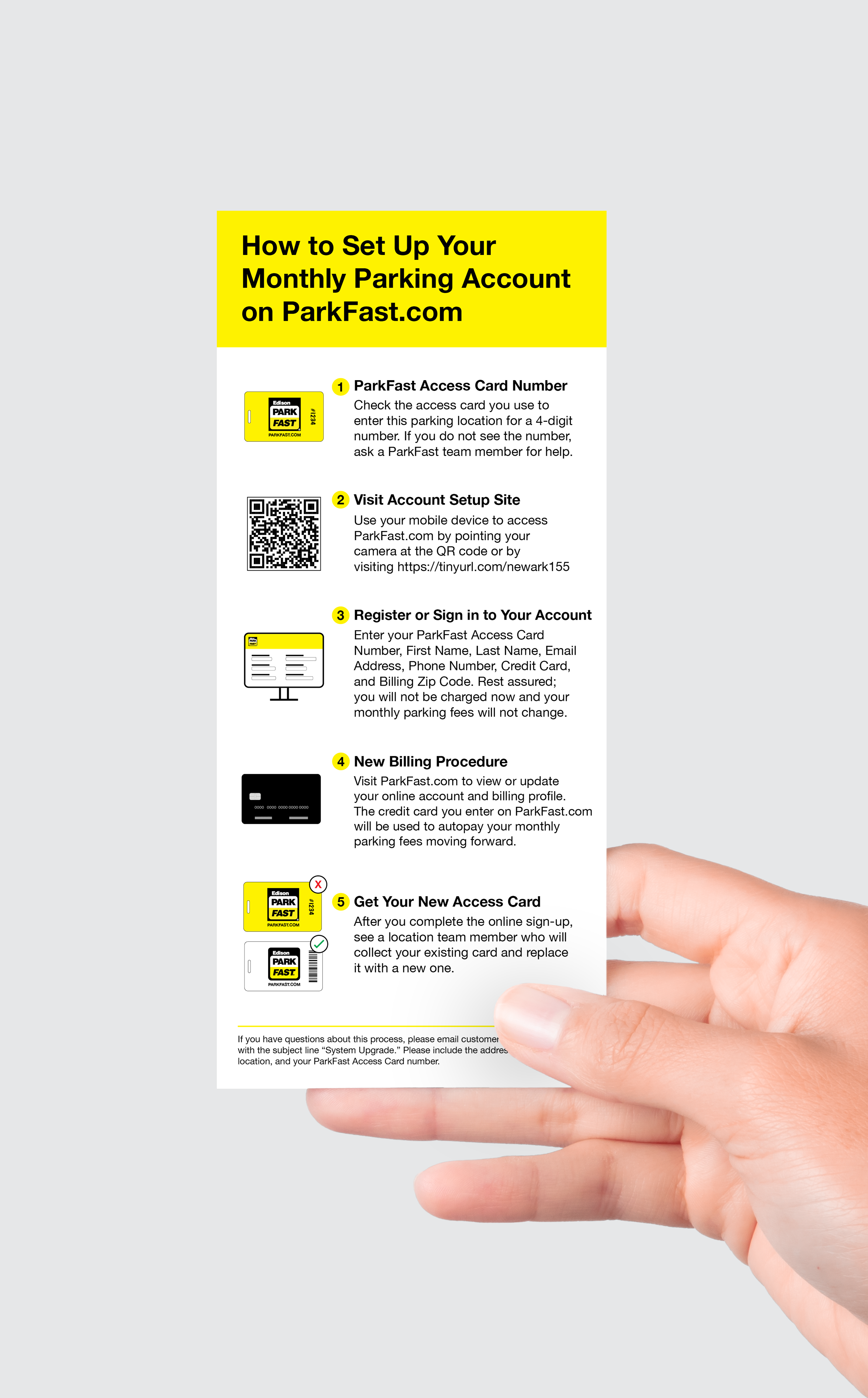 Informational flyer for ParkFast customers on how to set up their monthly accounts due to the switch from Secom to Skidata systems. Back Side