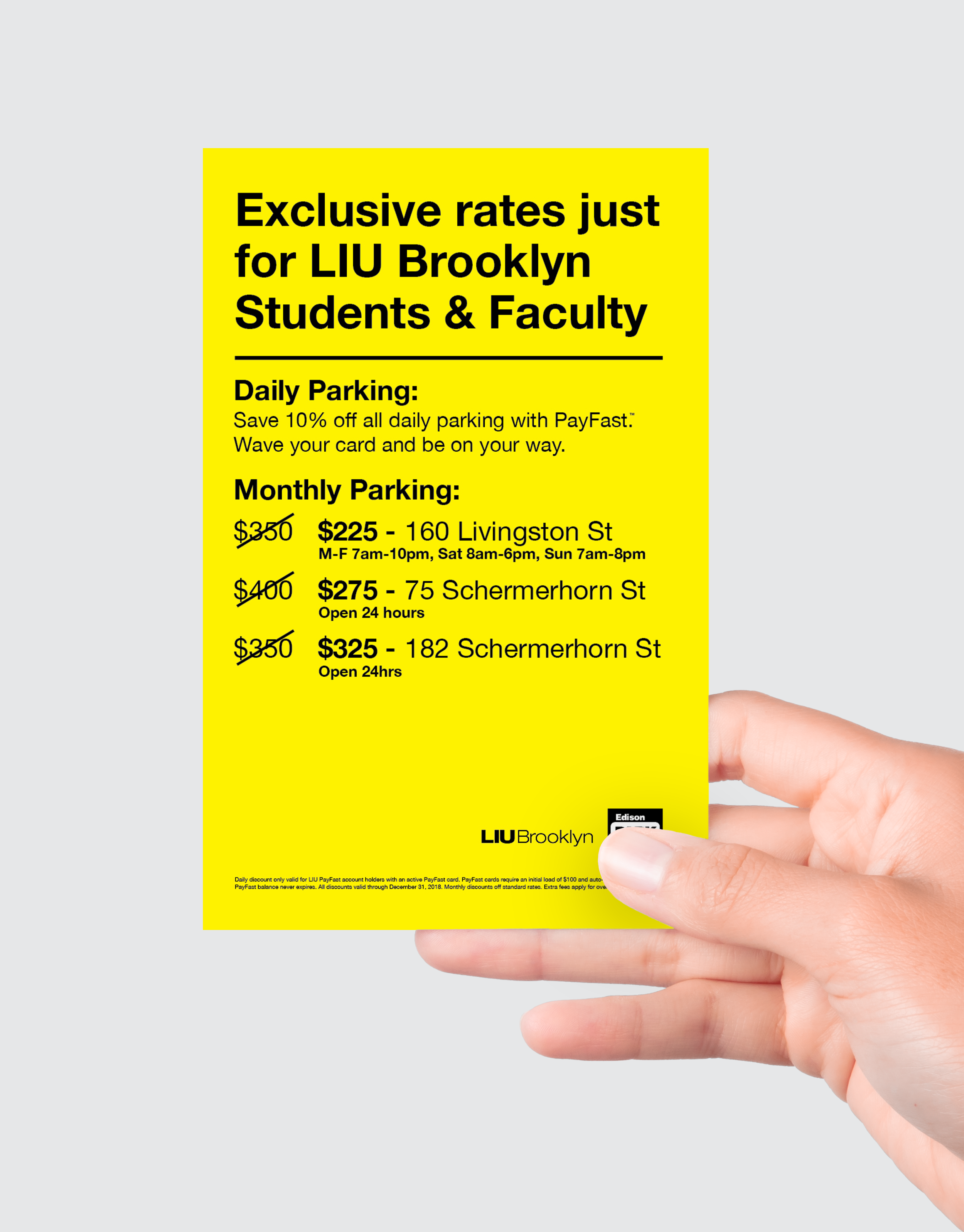 LIU Postcard Flyer with discounted rates at our nearby locations to this campus. Front Side