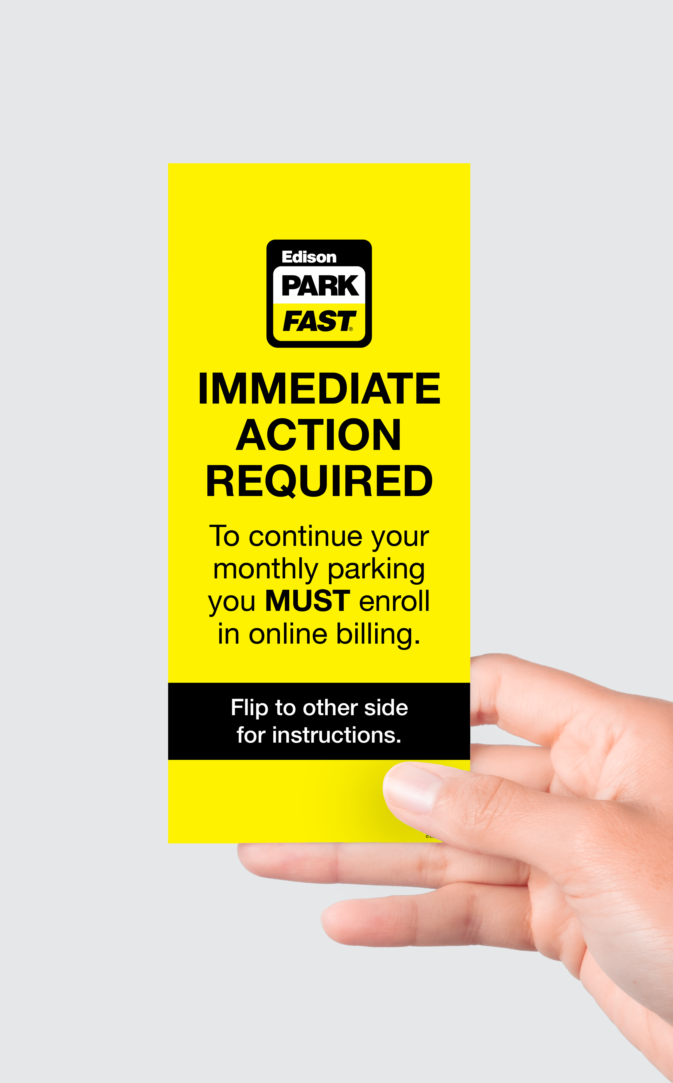 Informational flyer for ParkFast customers on how to set up their monthly accounts due to the switch from Secom to Skidata systems. Front Side