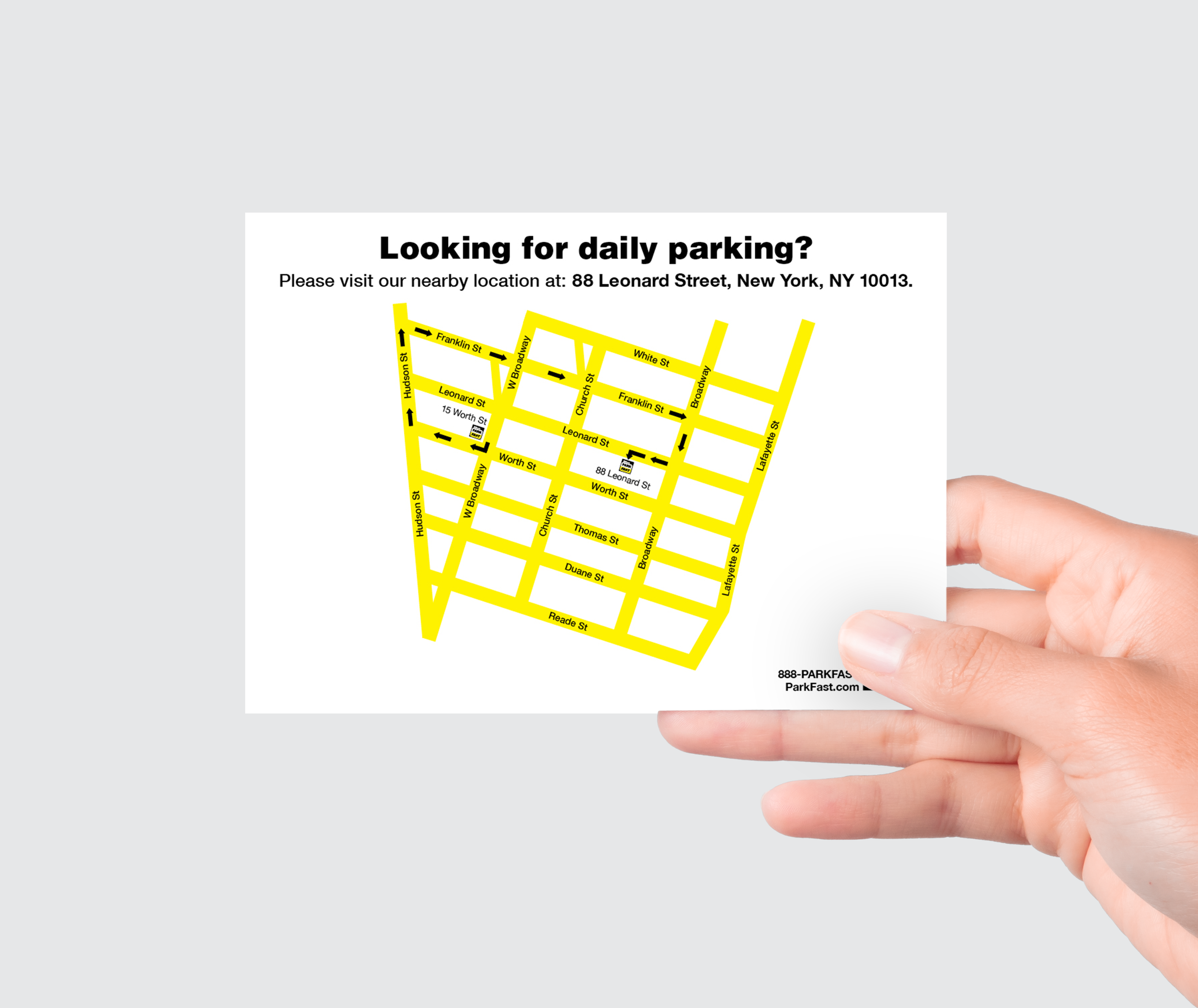 Directional flyer from ParkFast's Worth Street to Leonard Street's garage nearby. Front Side