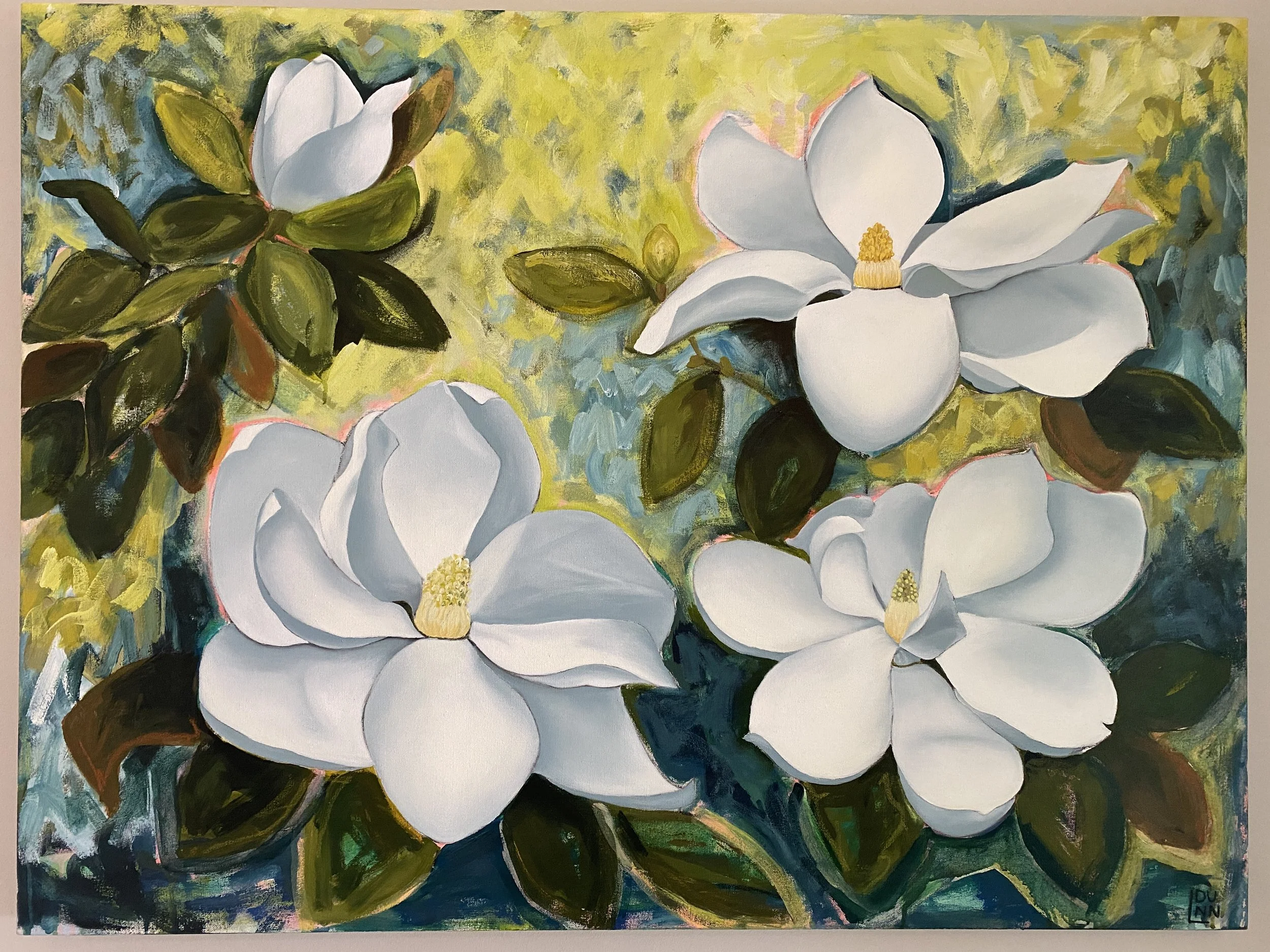 Whte Magnolias painting on blue and chartreuse background Commission for Moxley 36x48