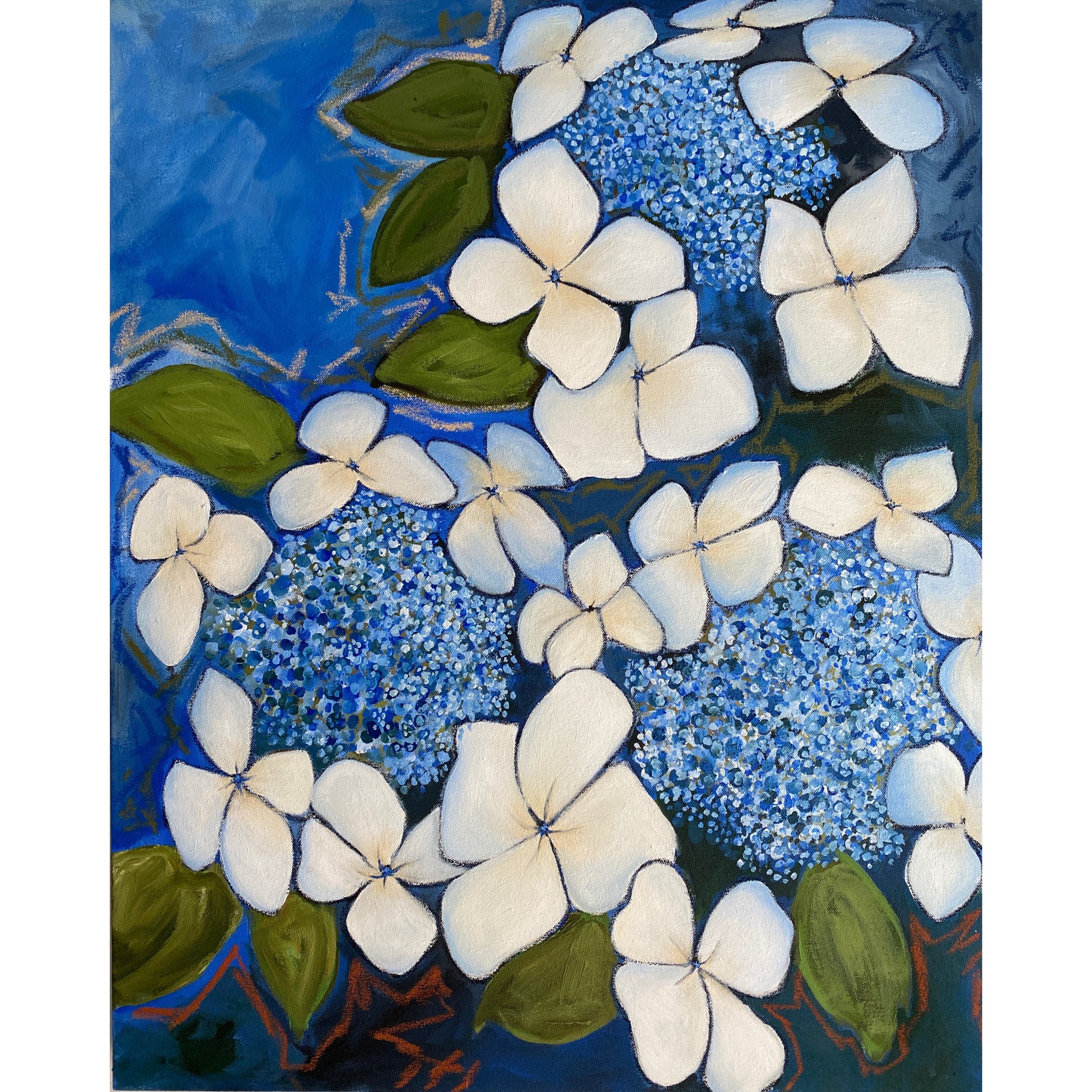 White Hydrangea painting on blue background "Encircled" 24x30