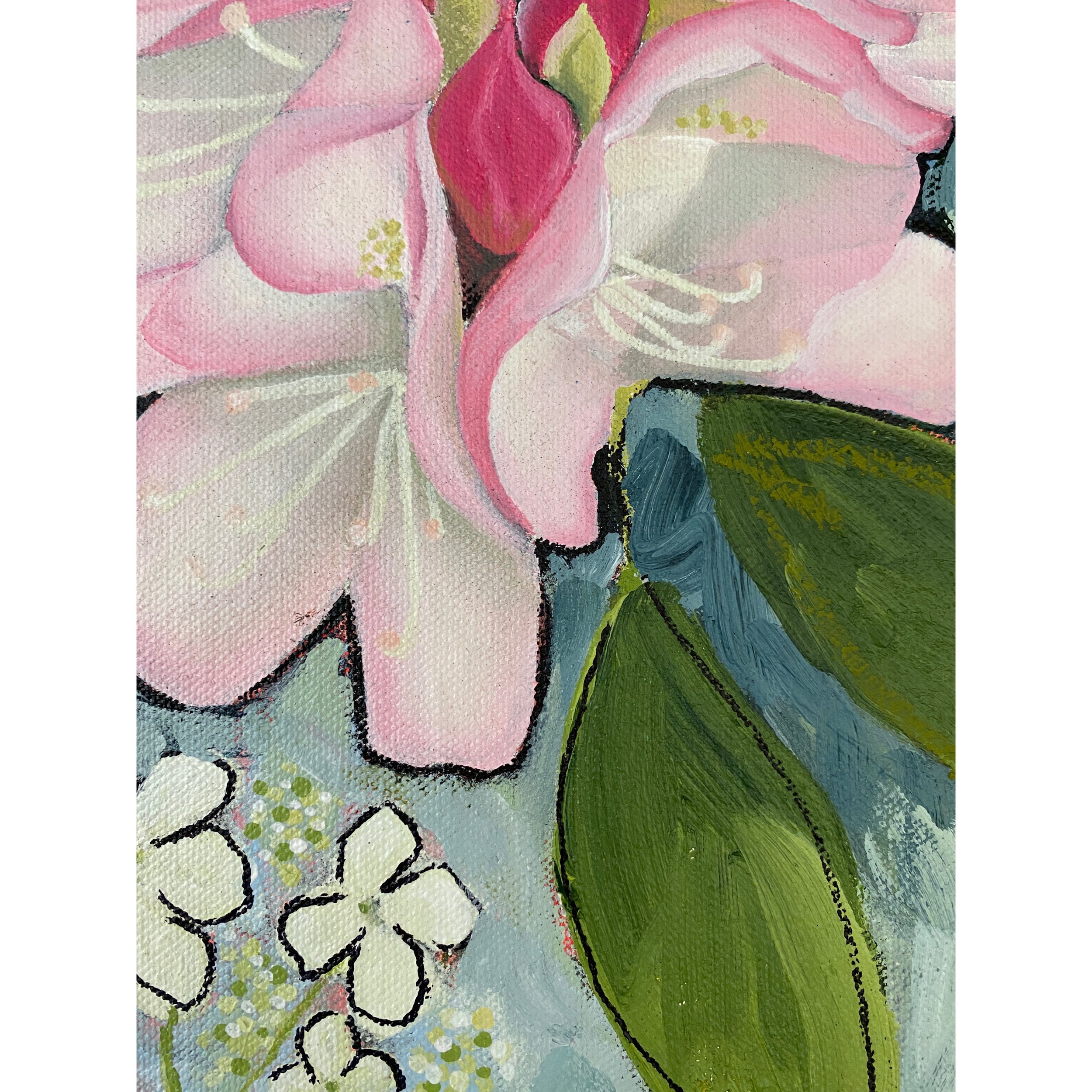 pink rhododendron and white hydrangea painting by Laura Dunn of Mac Lucille.