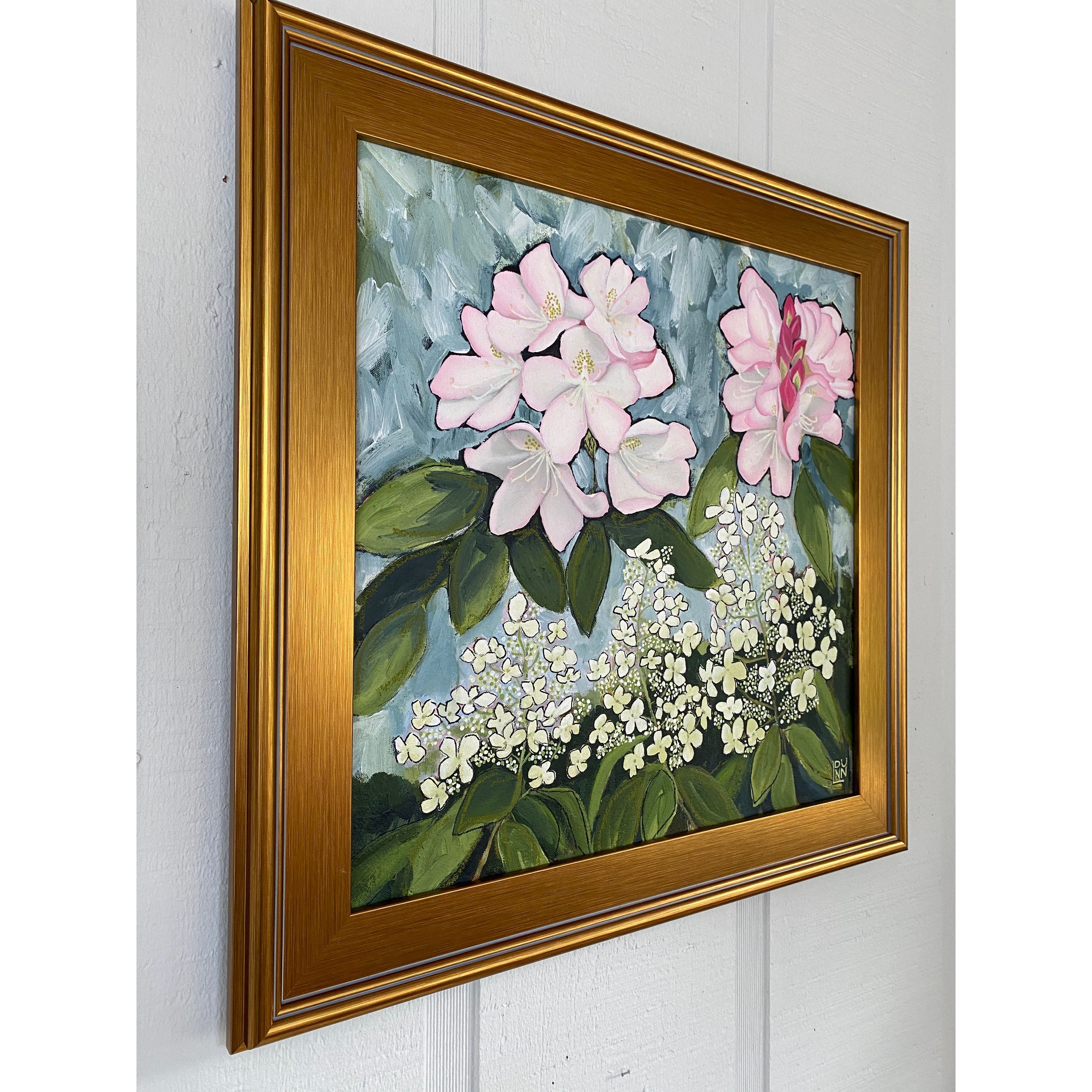 pink rhododendron and white hydrangea painting by Laura Dunn of Mac Lucille.
