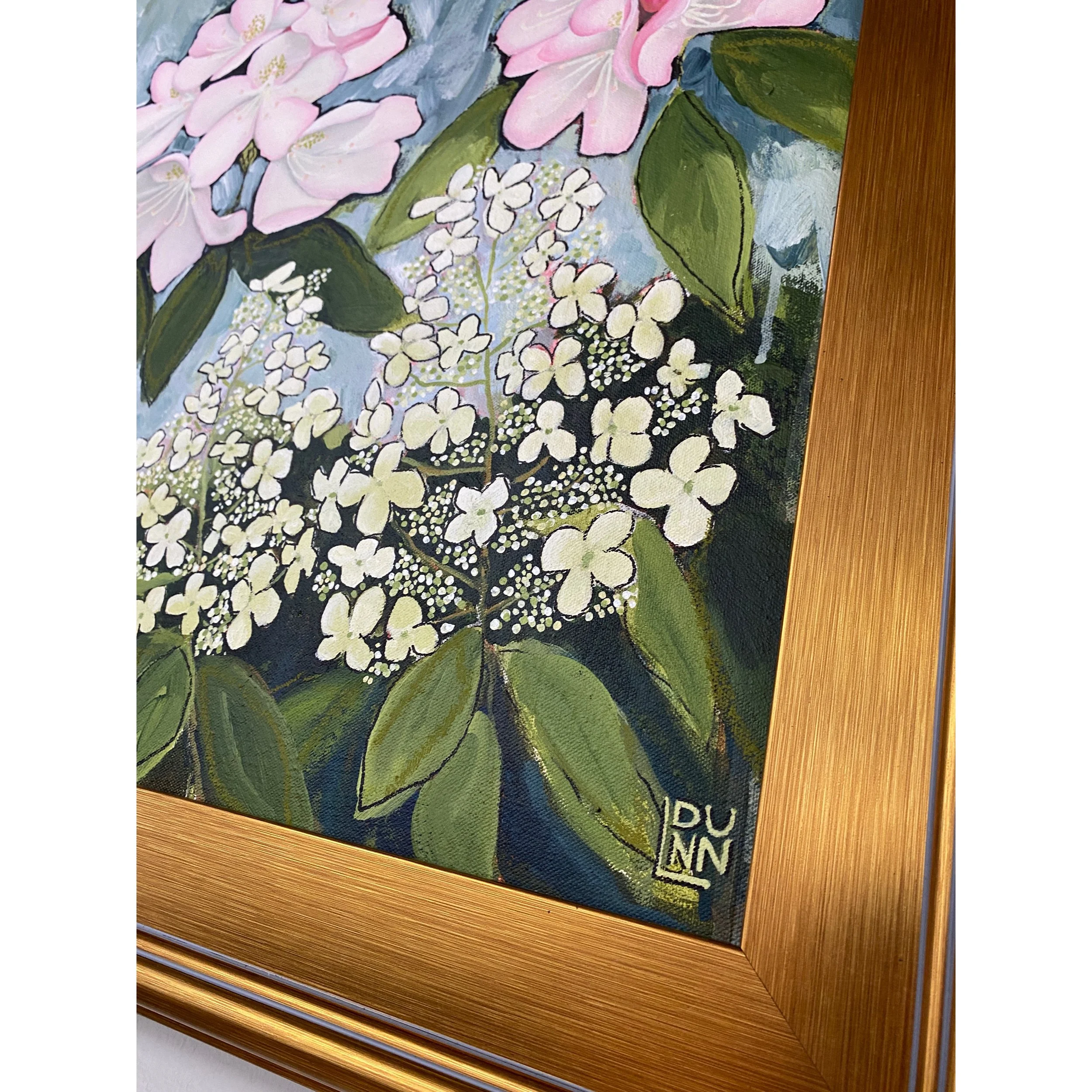 pink rhododendron and white hydrangea painting in gold frame by Laura Dunn of Mac Lucille.