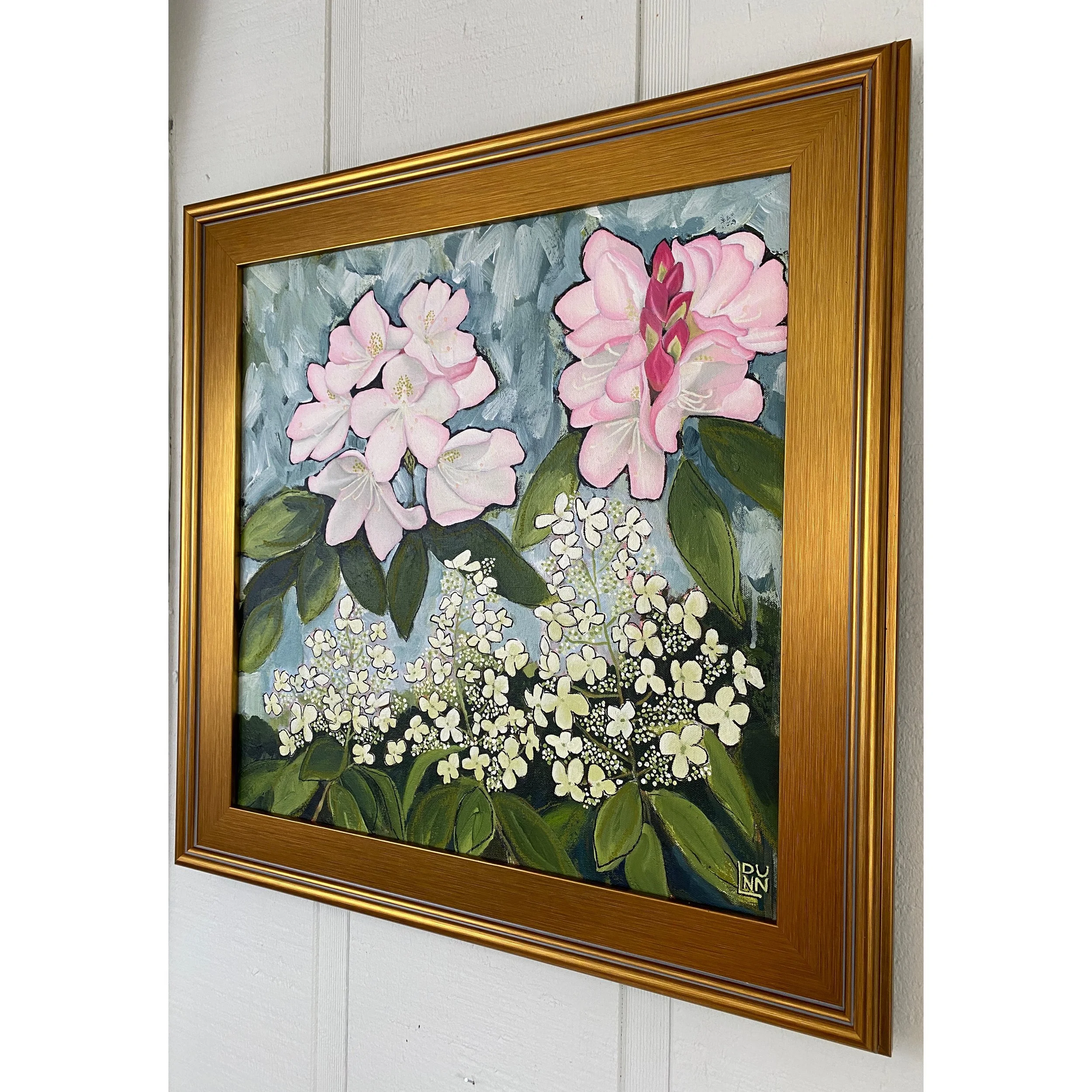 pink rhododendron and white hydrangea painting in gold frame by Laura Dunn of Mac Lucille.
