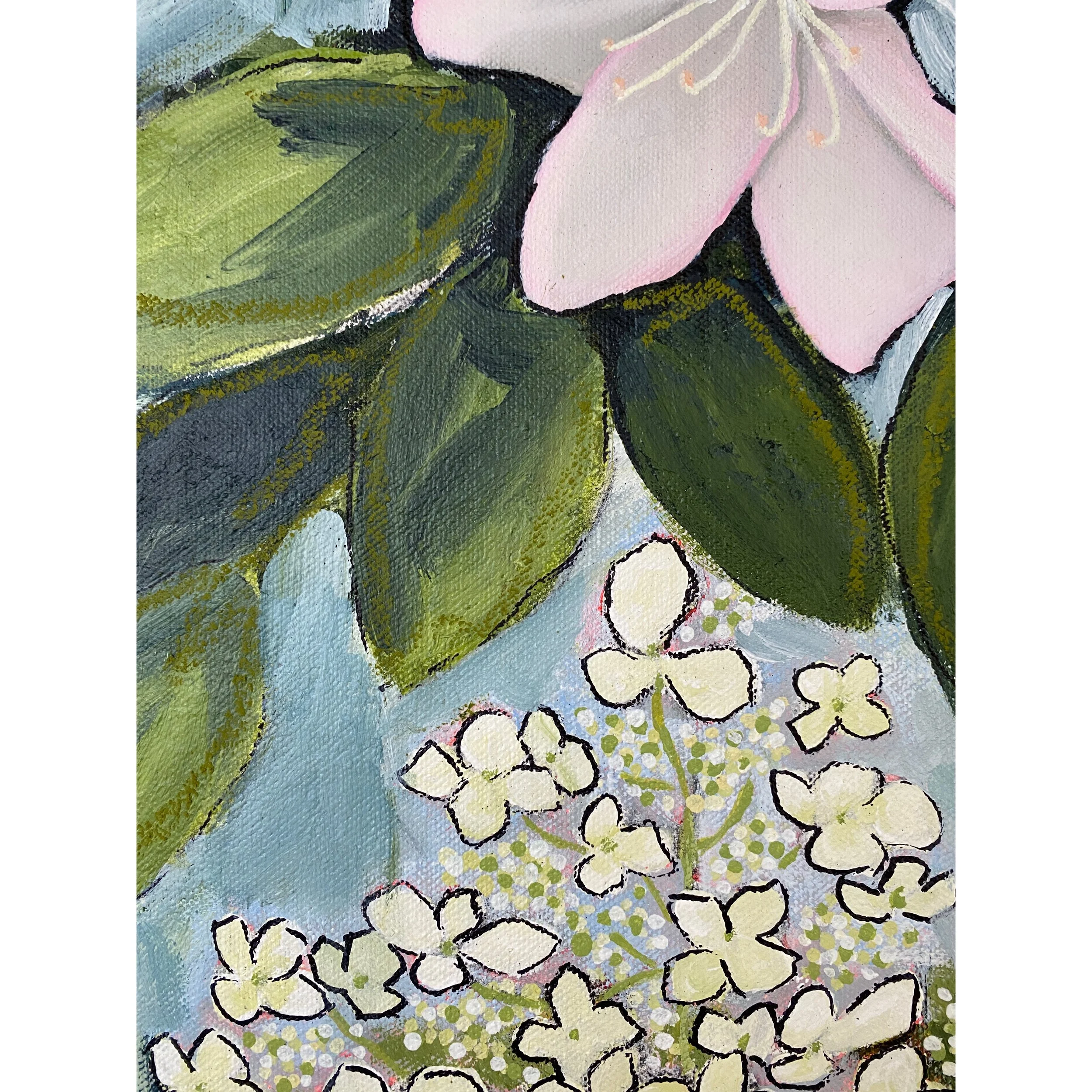 pink rhododendron and white hydrangea painting in gold frame by Laura Dunn of Mac Lucille.