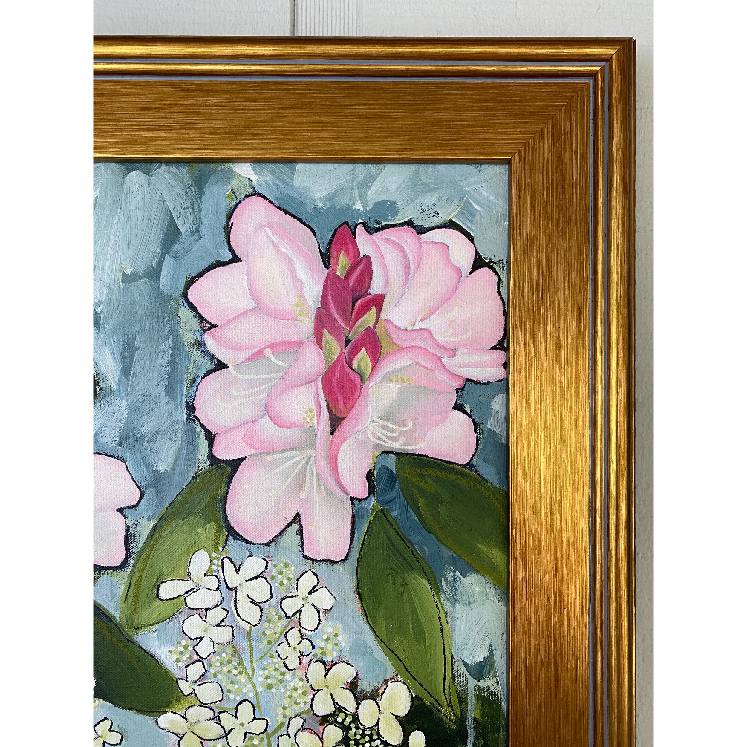 pink rhododendron and white hydrangea painting in gold frame by Laura Dunn of Mac Lucille.