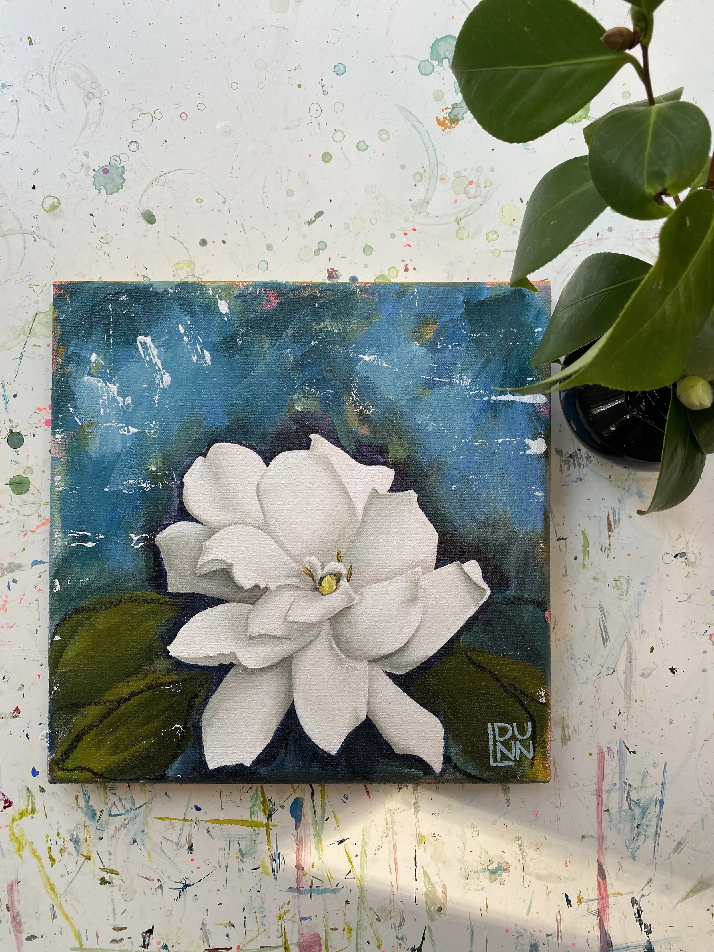 White Gardenia Bloom painting on Blue background