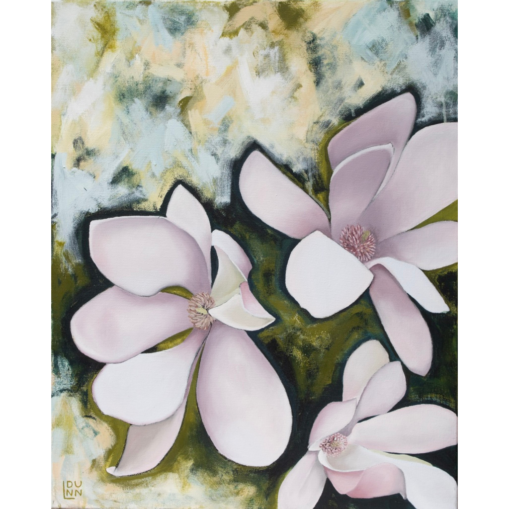 Pink Tulip Magnolia blooms on aqua, olive and cream abstract ground