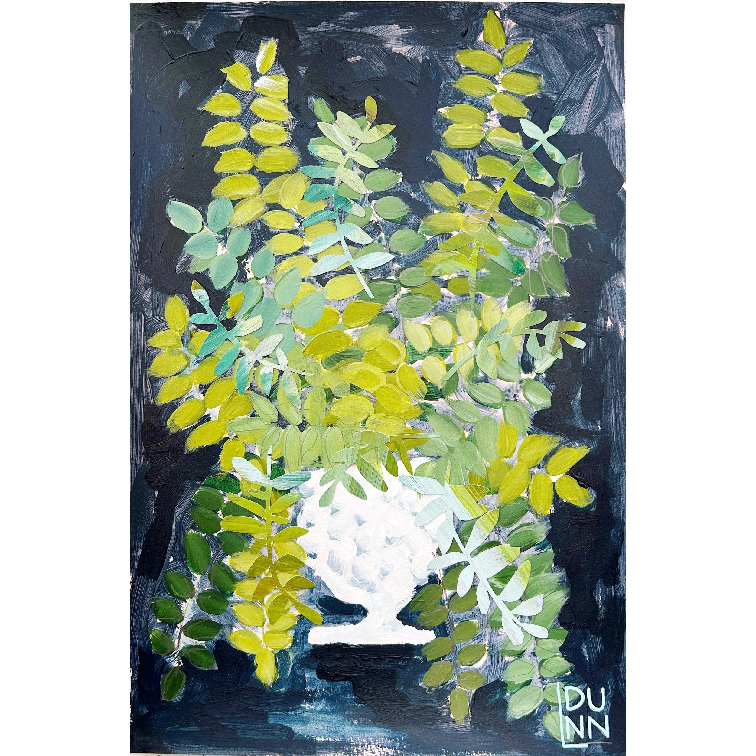 Painting of a potted plant with green and yellow leaves, set against a dark background, signed by Laura Dunn of Mac Lucille.