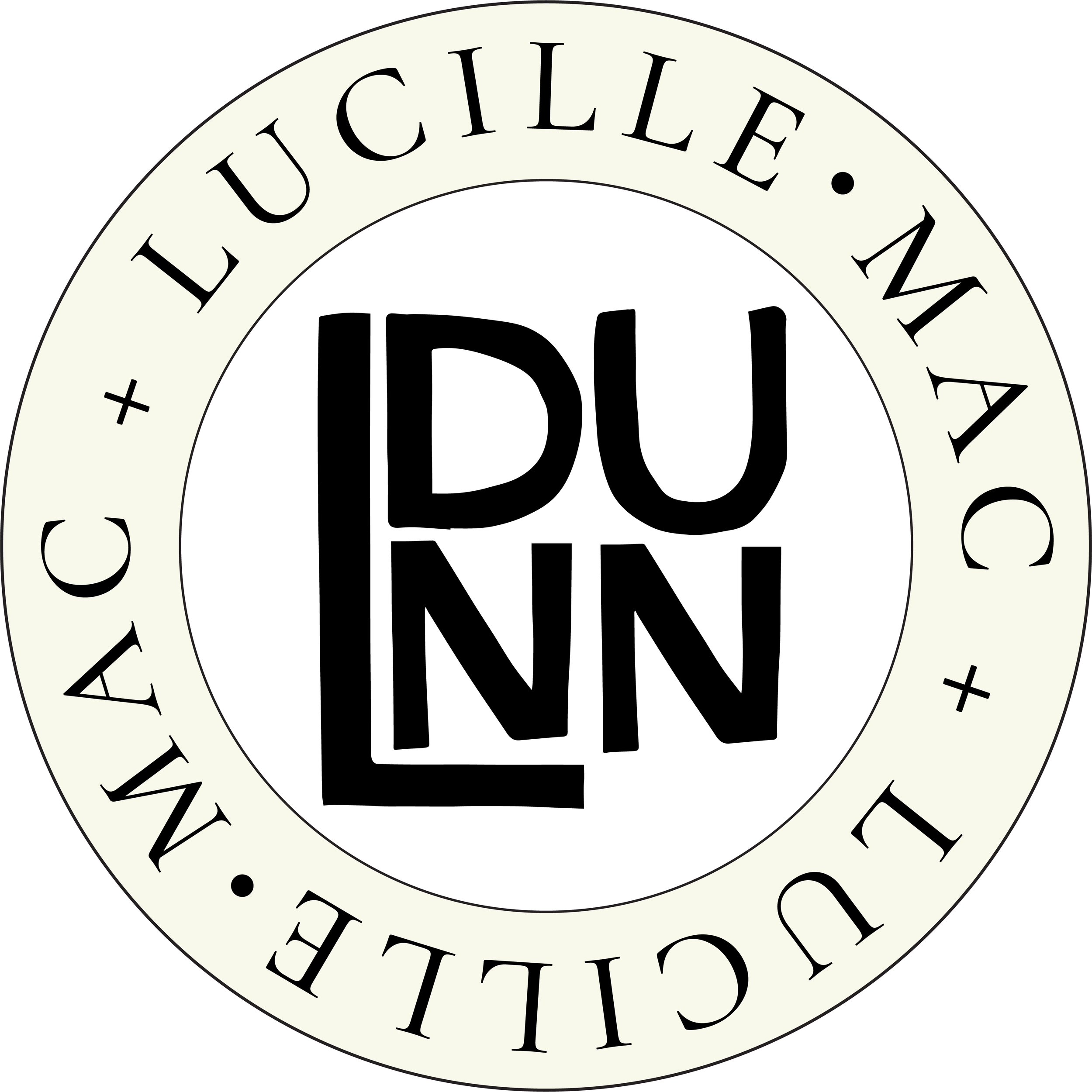 Logo with the text 'DU INN' in bold black letters in the center. Surrounding it, a circular band reads 'M.*C. LUCILLE * M. A. C.' in black on a light background.