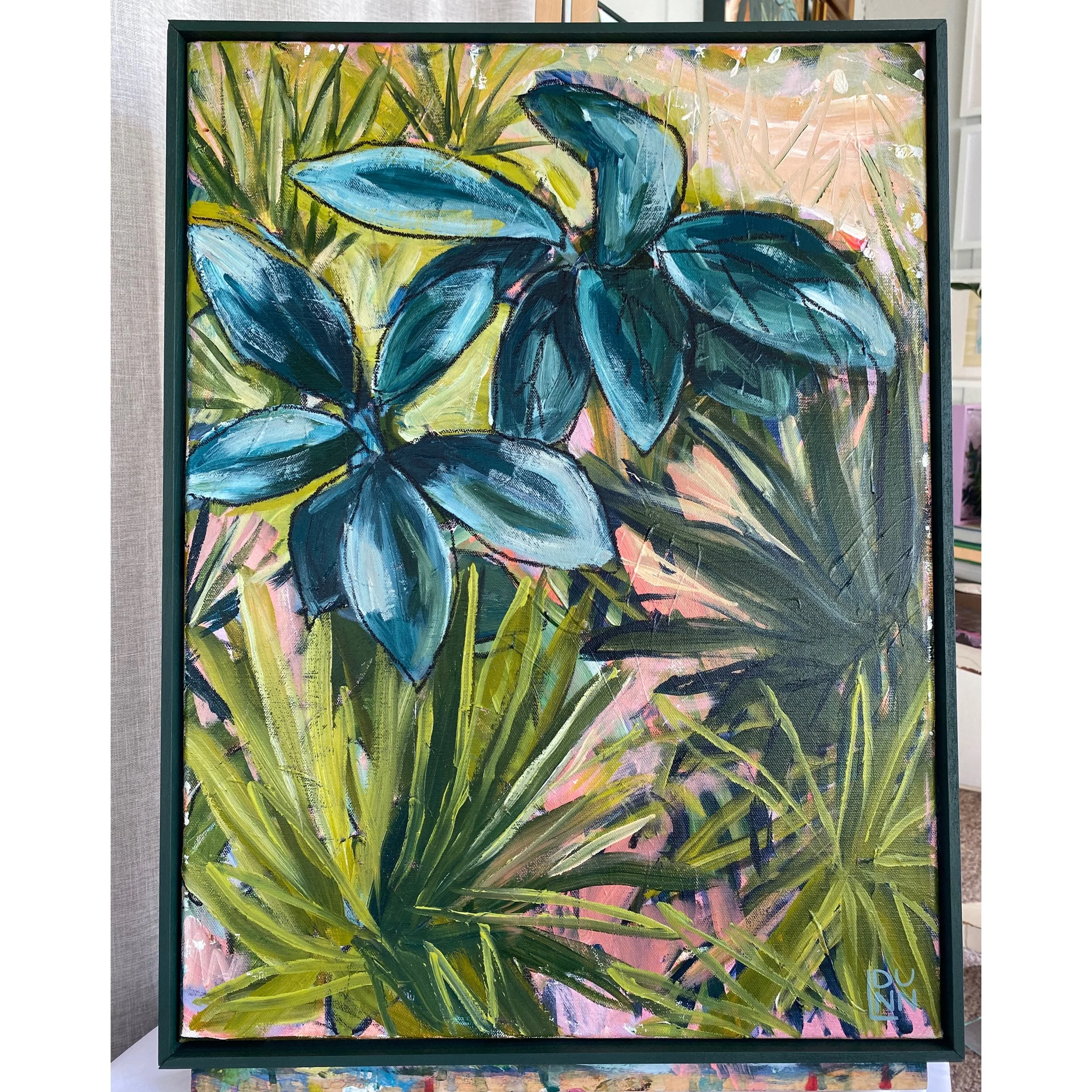 An abstract painting of green and blue plants with large leaves, set against a colorful background.