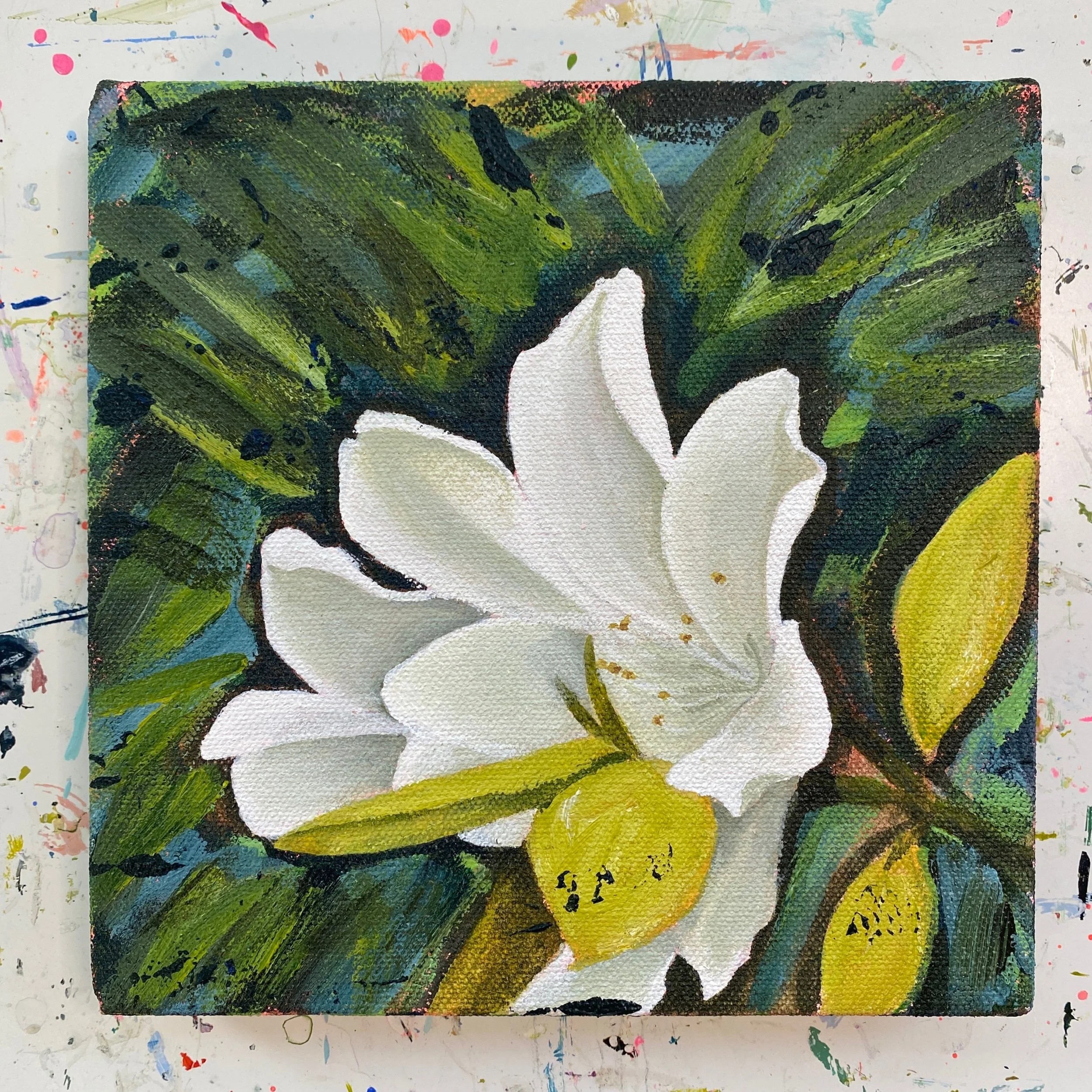 White azalea bloom painting with abstract palmetto background