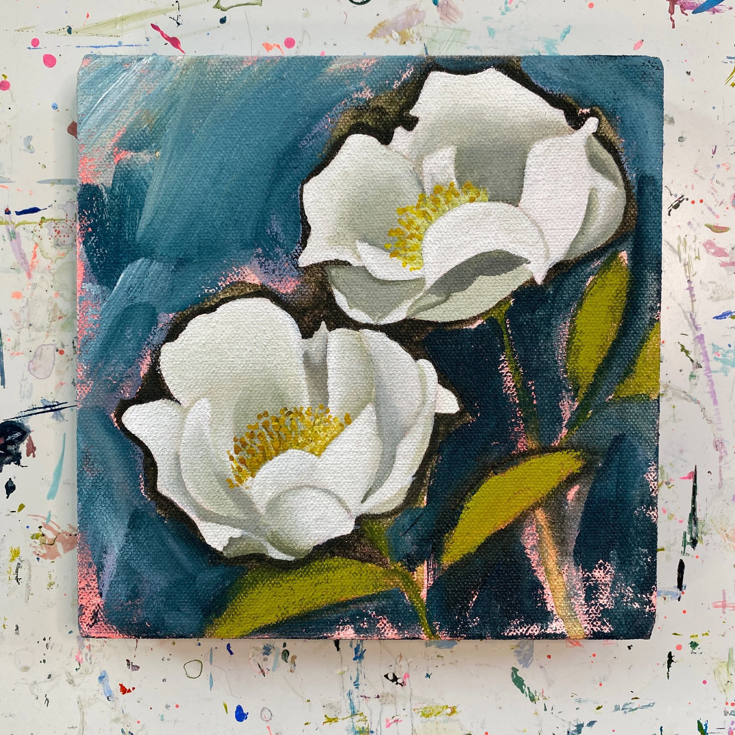 Cherokee Rose painting on blue abstract background