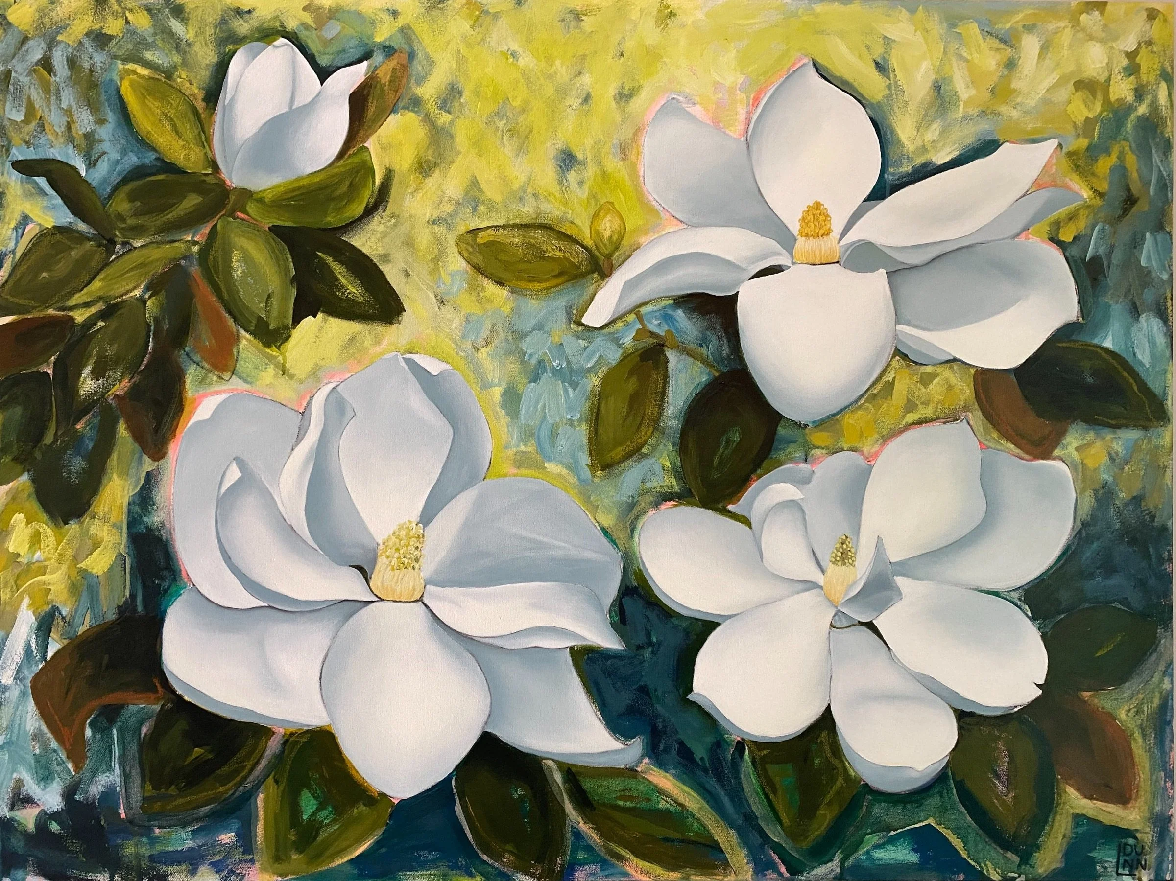 A painting of white magnolia flowers with green leaves against a vibrant yellow and blue background.