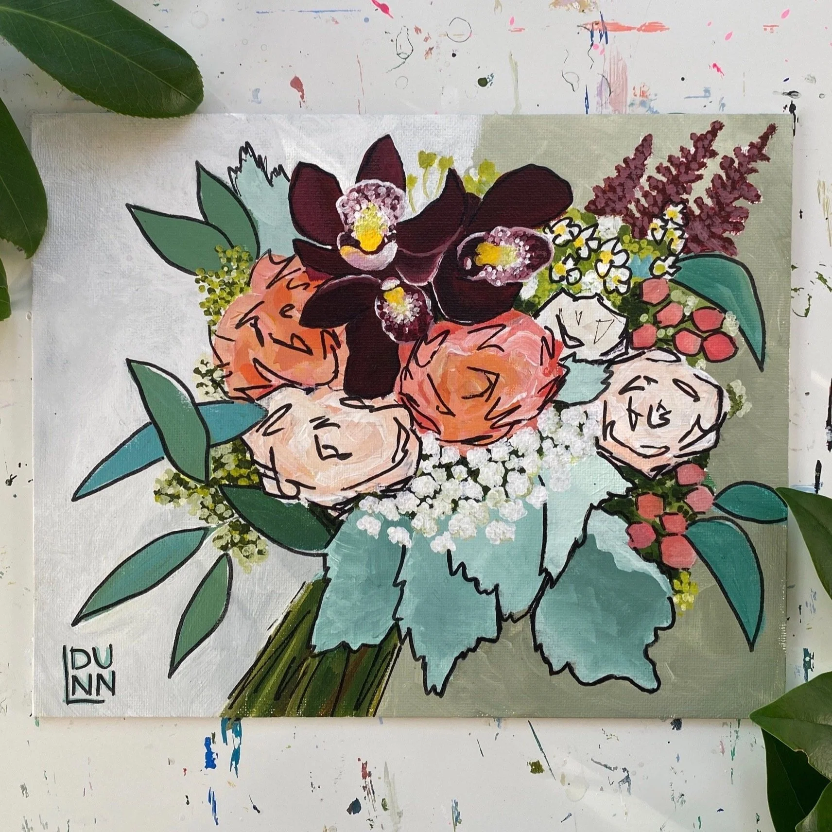 Colorful floral painting featuring dark purple orchids, white roses, peach-colored flowers, and assorted green leaves, on a light background with painterly brushstrokes.