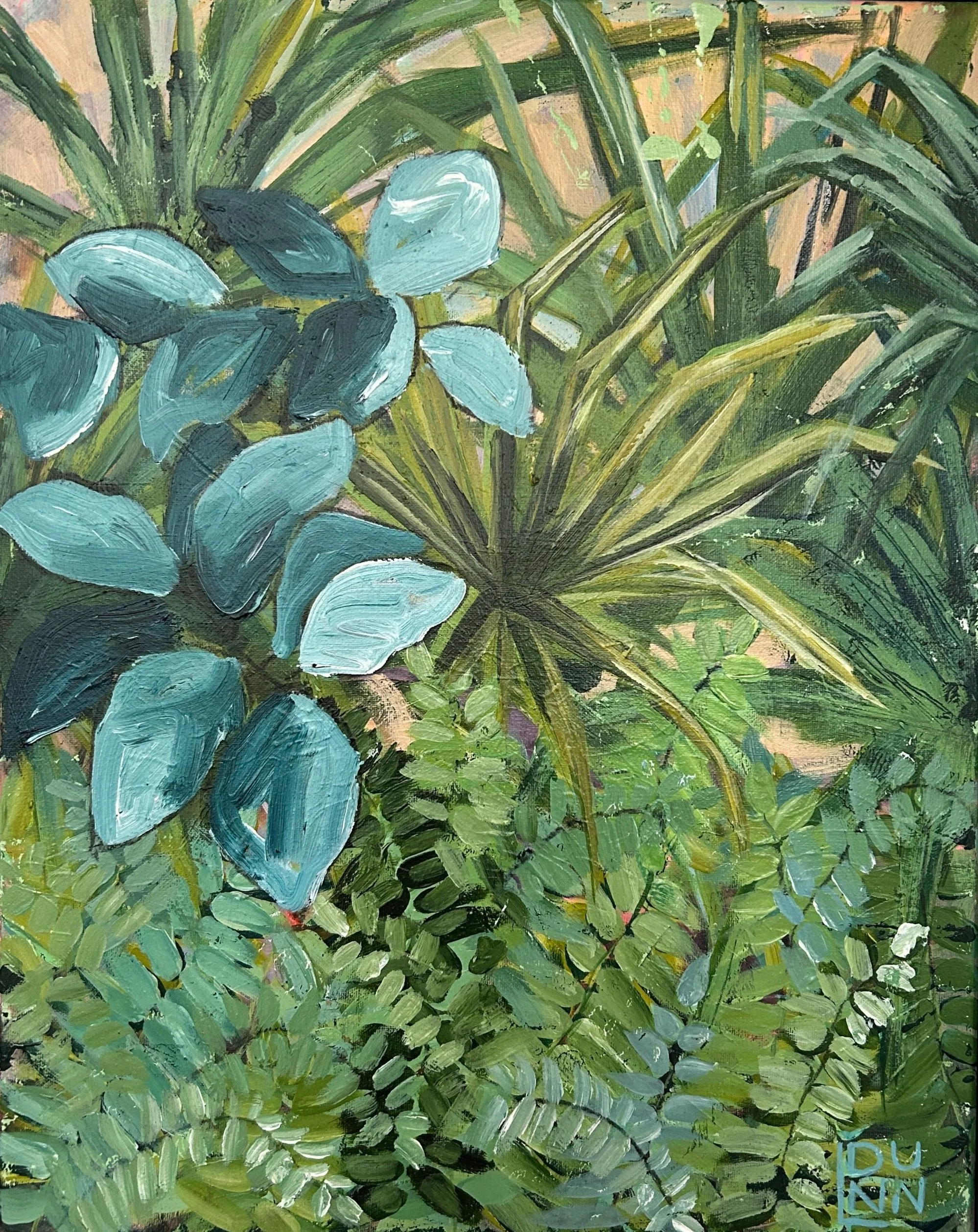 Painting of lush green tropical plants, including large broad leaves and fern-like foliage, with shades of green and blue.