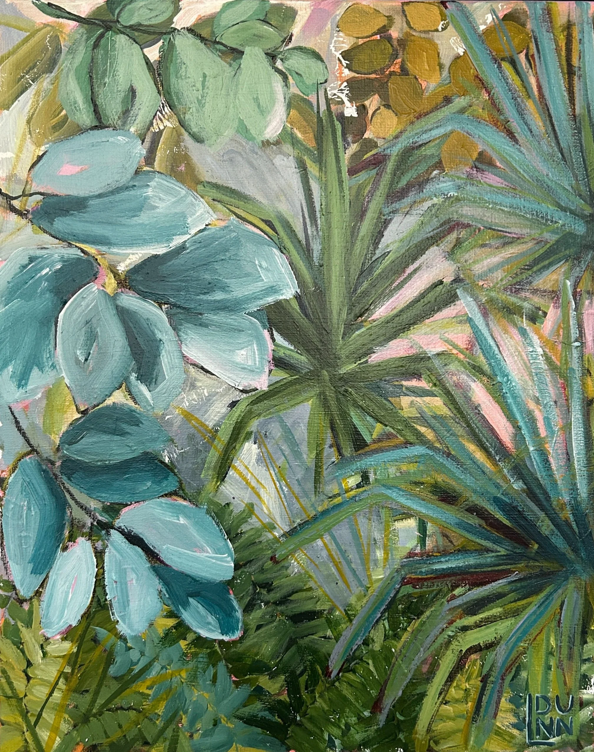 A colorful painting of various green and blue tropical plants with layered leaves.