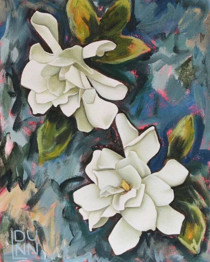Painting of white gardenias with green leaves against an abstract dark background.