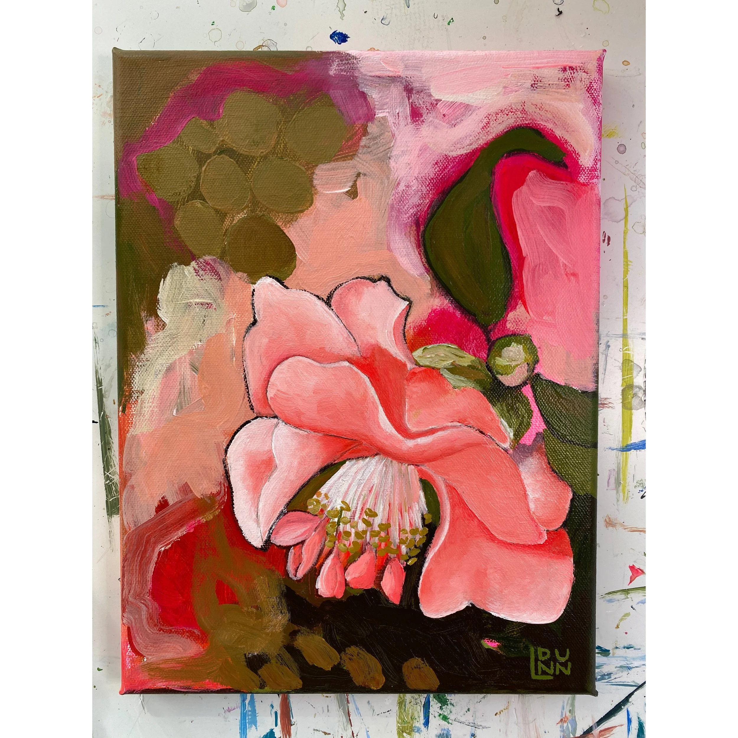 Pink camellia bloom painting on pink and olive abstract background "Gold Dust Woman" 9x12