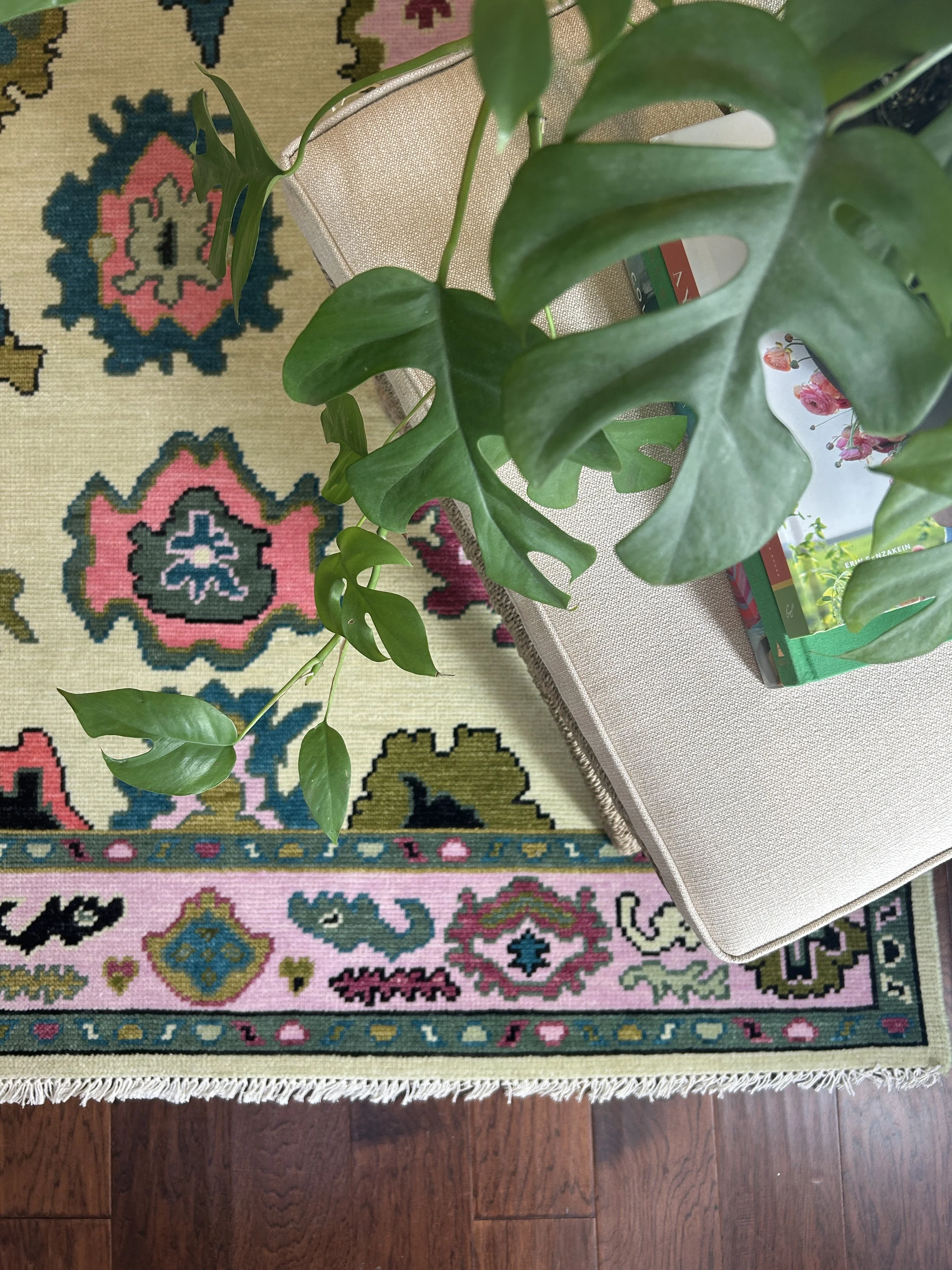 detail of colorful traditional oushak rug with plant
