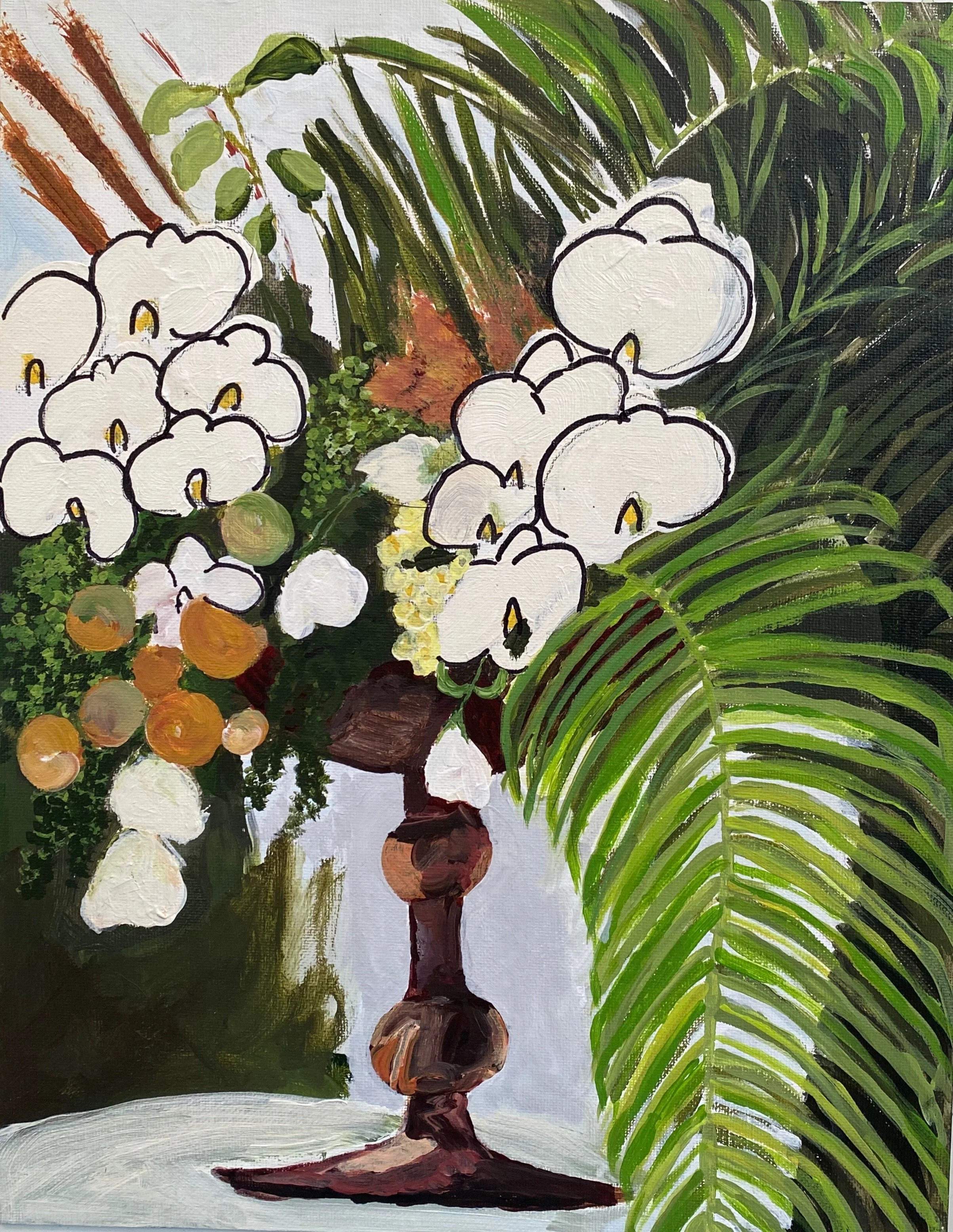 A still life painting of a floral arrangement in a brown vase, featuring white orchids, orange and yellow berries, and large green tropical leaves.