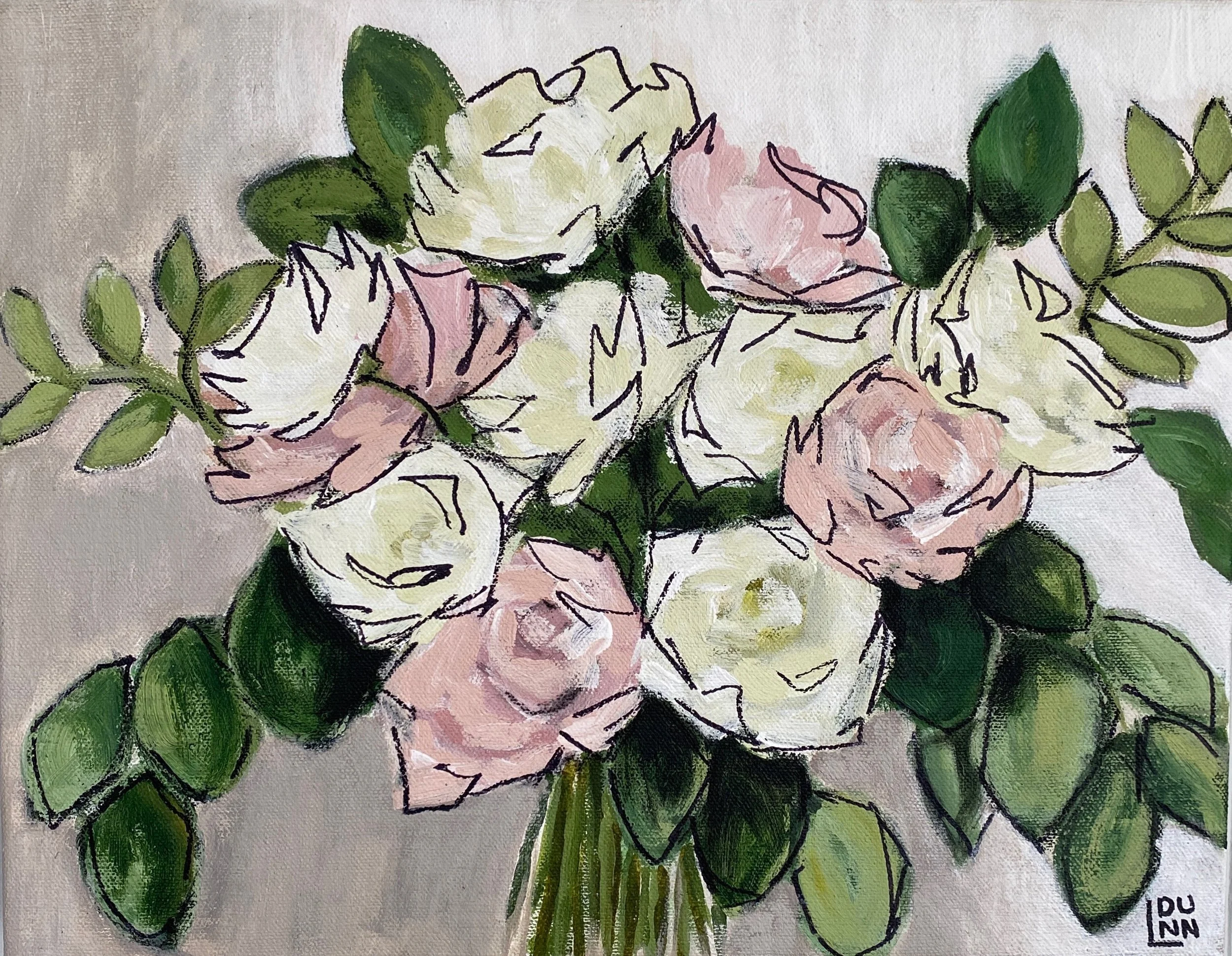 Painting of a bouquet of pink and white roses with green leaves in a vase, signed by the artist DUNN.