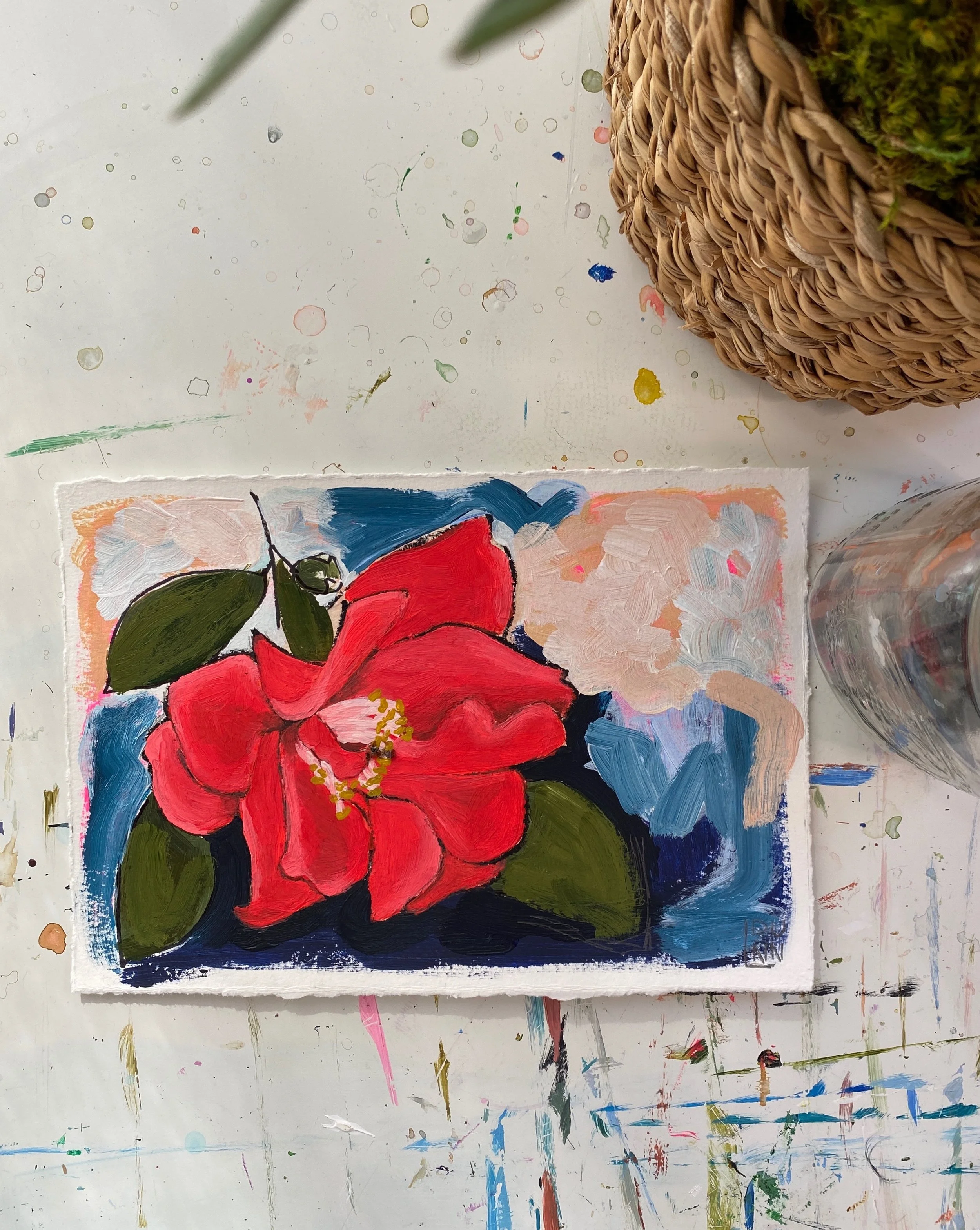 Red Camellia Painting on abstract blue and pink background "Hopelessly Devoted" 7x10