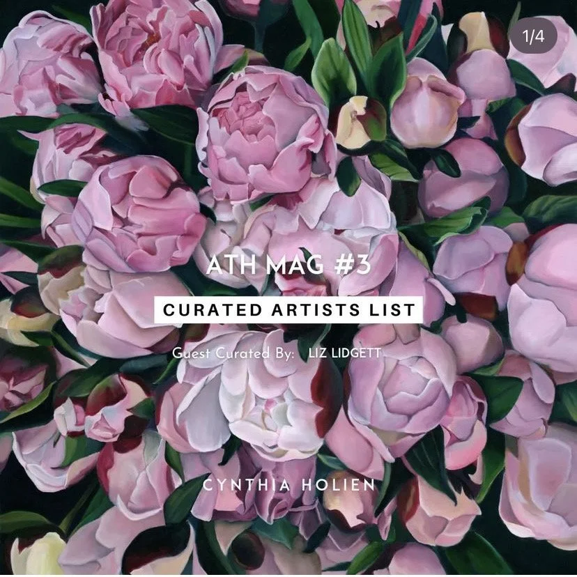 Cover image of a magazine titled 'ATH MAG #3' with a background of pink peony flowers and green leaves. The cover mentions a curated artists list and details about guest curator Liz Lidgett and artist Cynthia Holien.