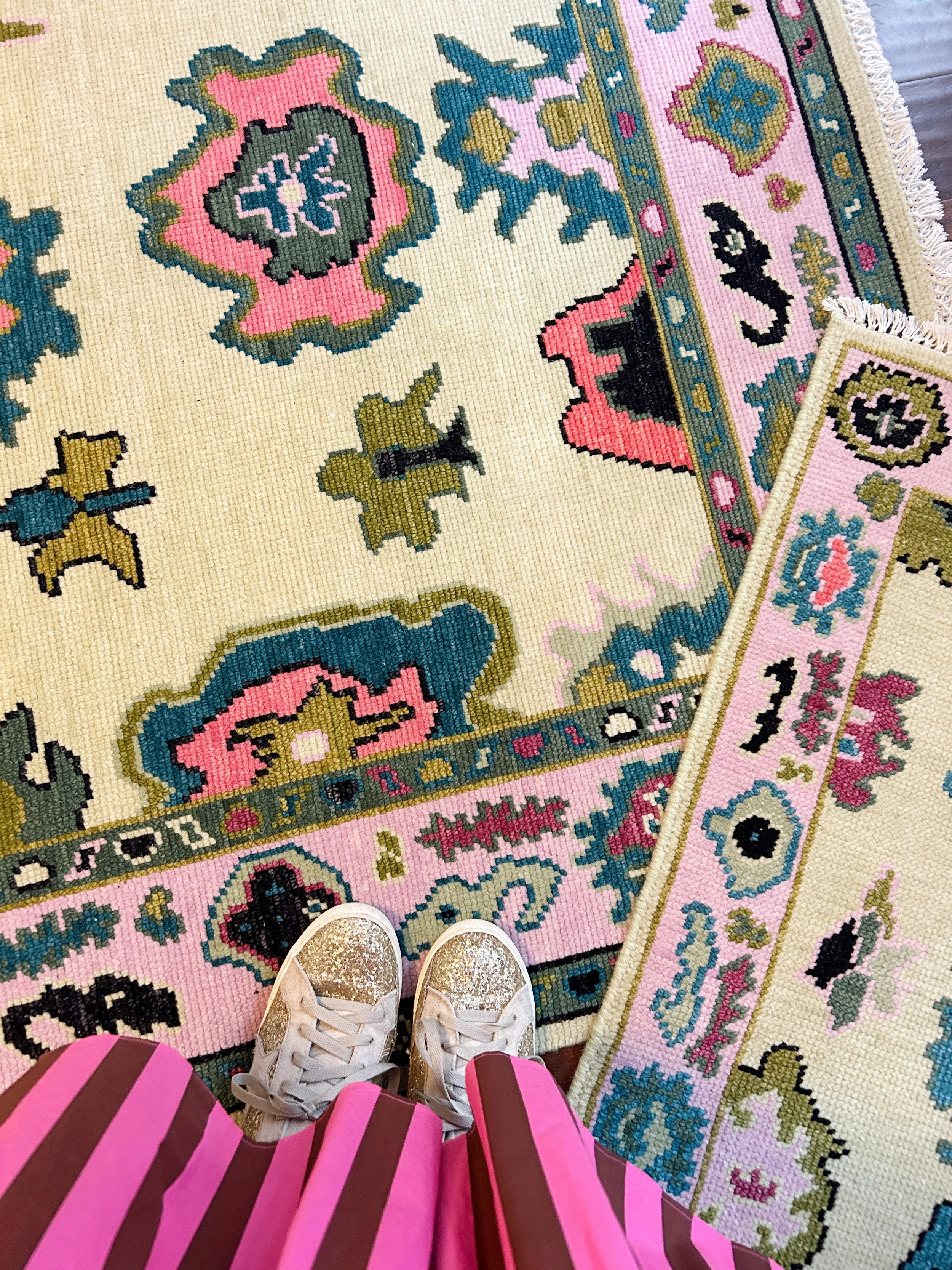 detail of colorful traditional oushak rug