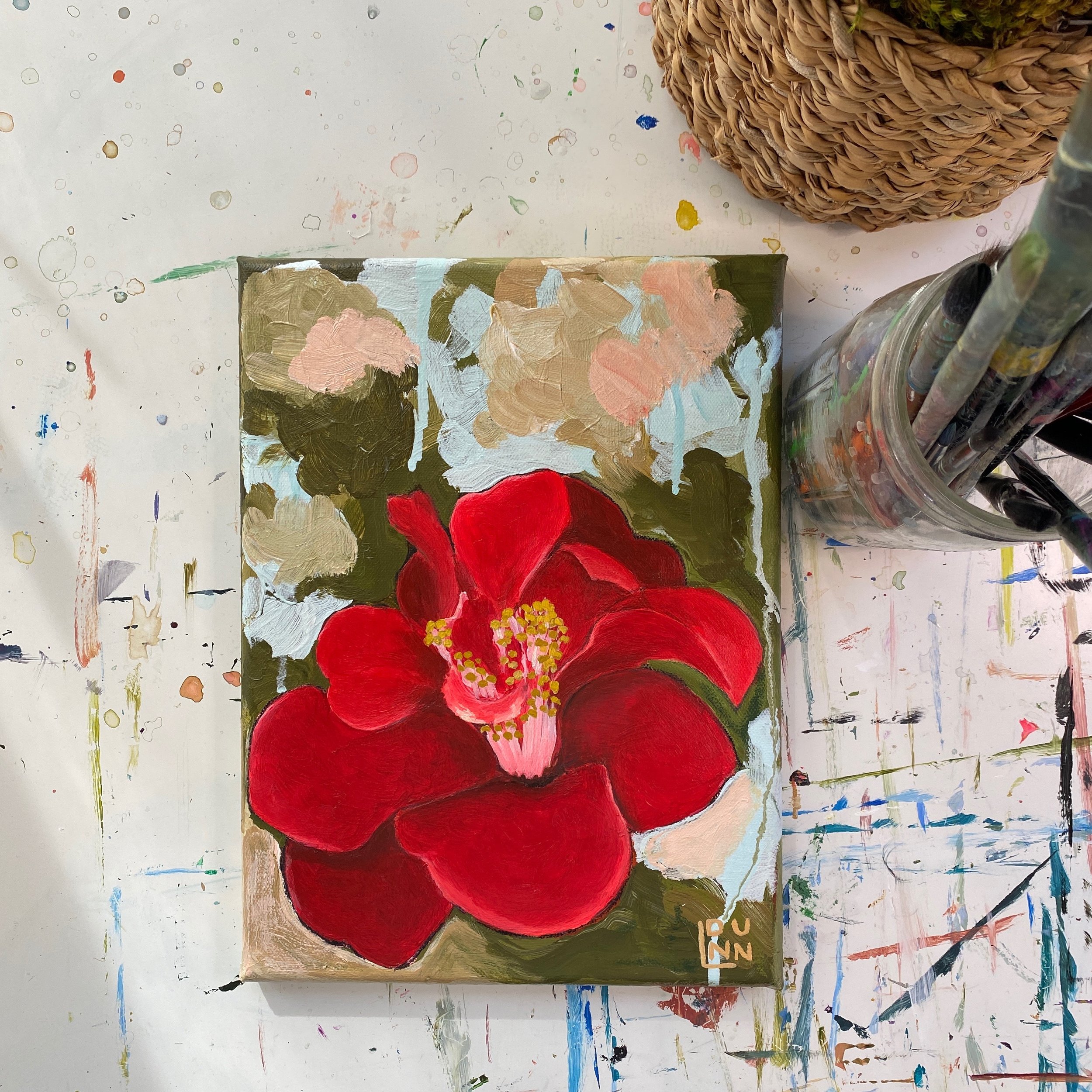 Red Camellia bloom painting on blue, green and pink abstract background "She's A Lush" 9x12