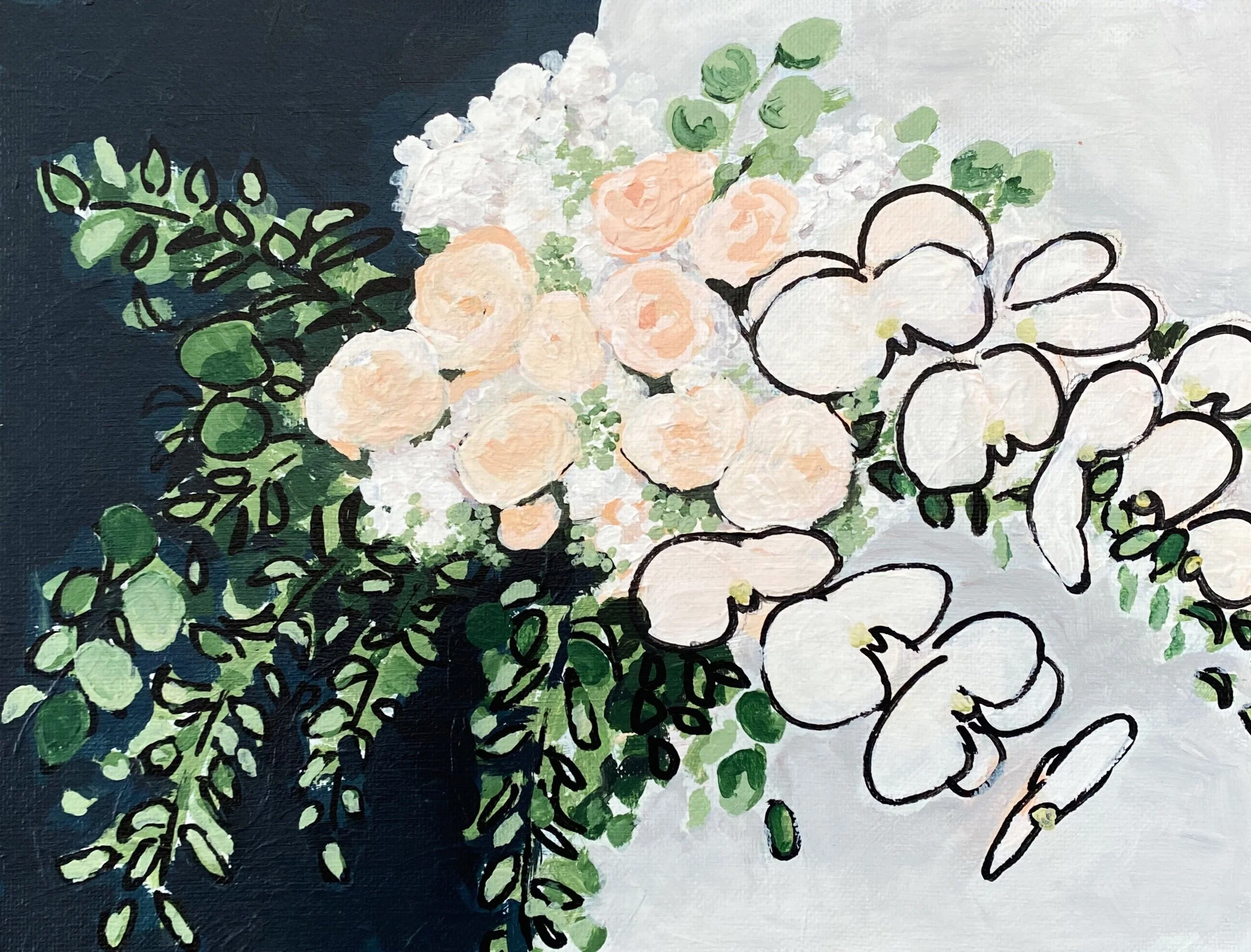 Painting of a floral arrangement with white and peach-colored flowers, including orchids, against a dark and light background with green leaves outline.
