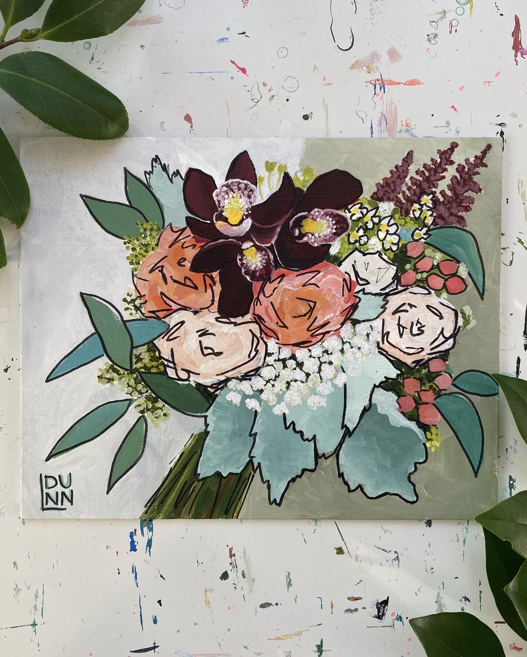 A colorful hand-painted floral bouquet featuring dark purple, peach, and white flowers, green leaves, and small white filler flowers on a white background.