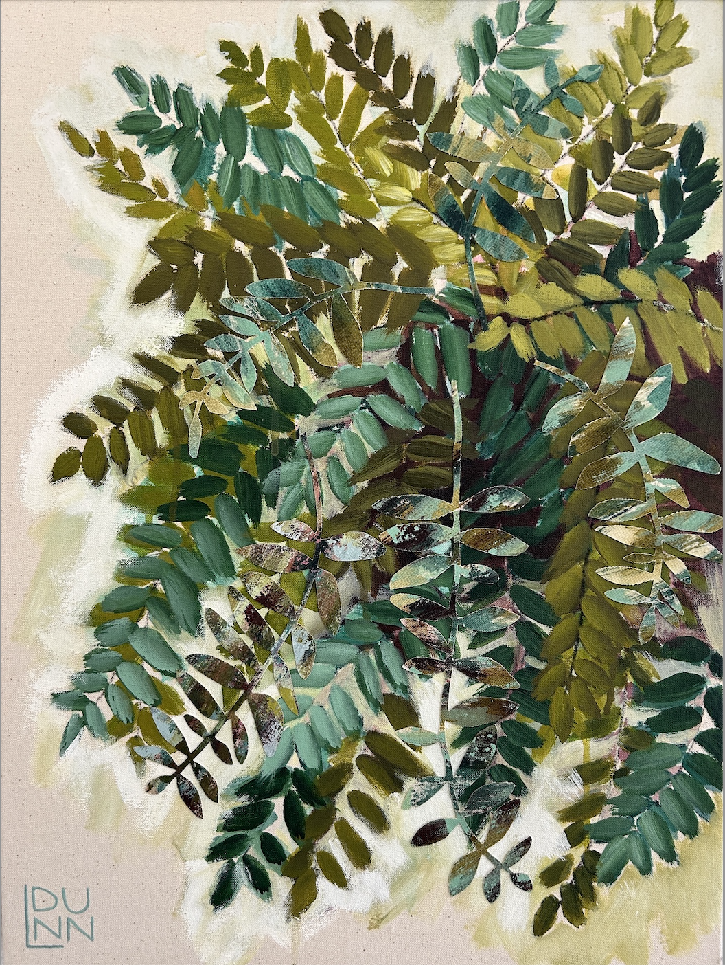 A painting of green leafy fern fronds on a light background by Laura Dunn of Mac Lucille.