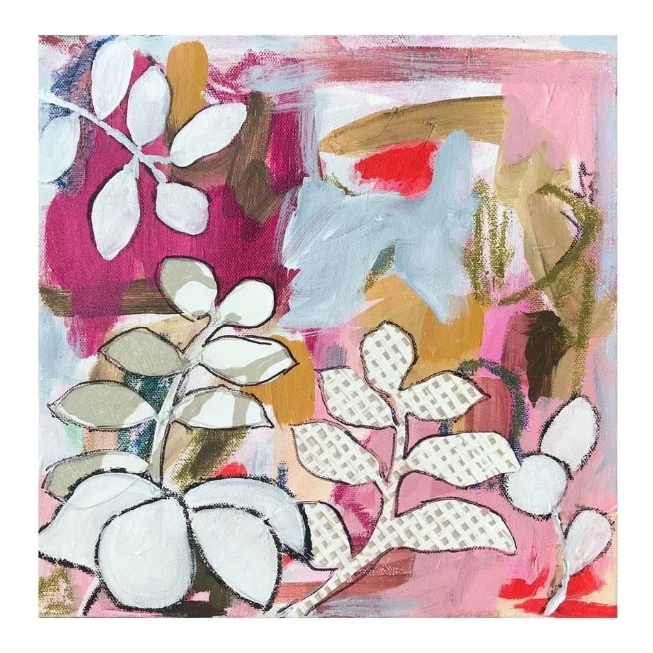 Abstract foliage mixed media painting "Pink Lady" 12x12