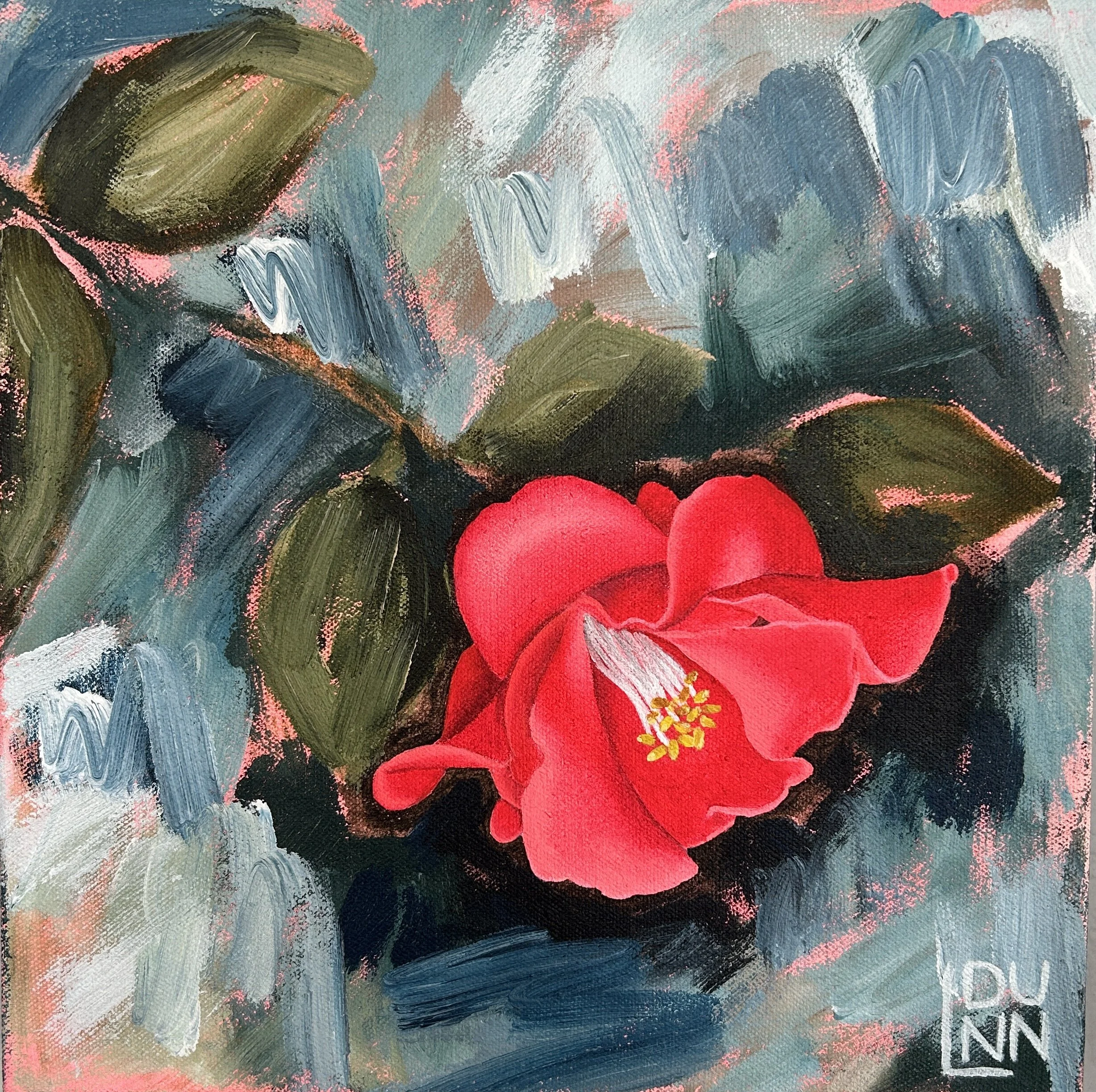 An abstract painting of green leaves and a bright pink flower with yellow stamens on a textured background of blue, white, and pink brushstrokes.