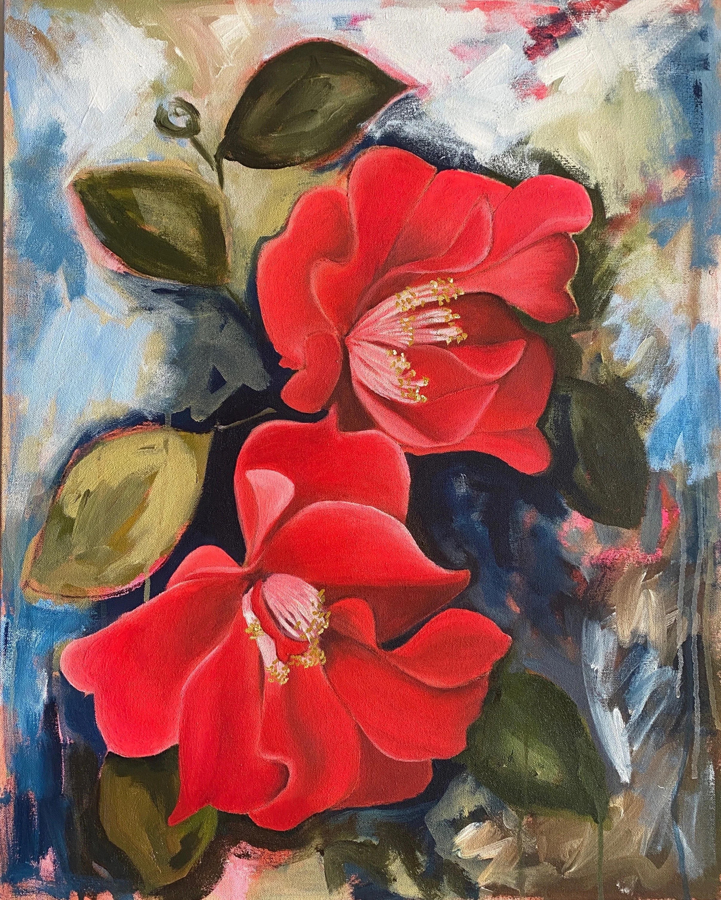 Red Camellia bloom painting on abstract green and blue background "Senorita I Feel For You" 24x30