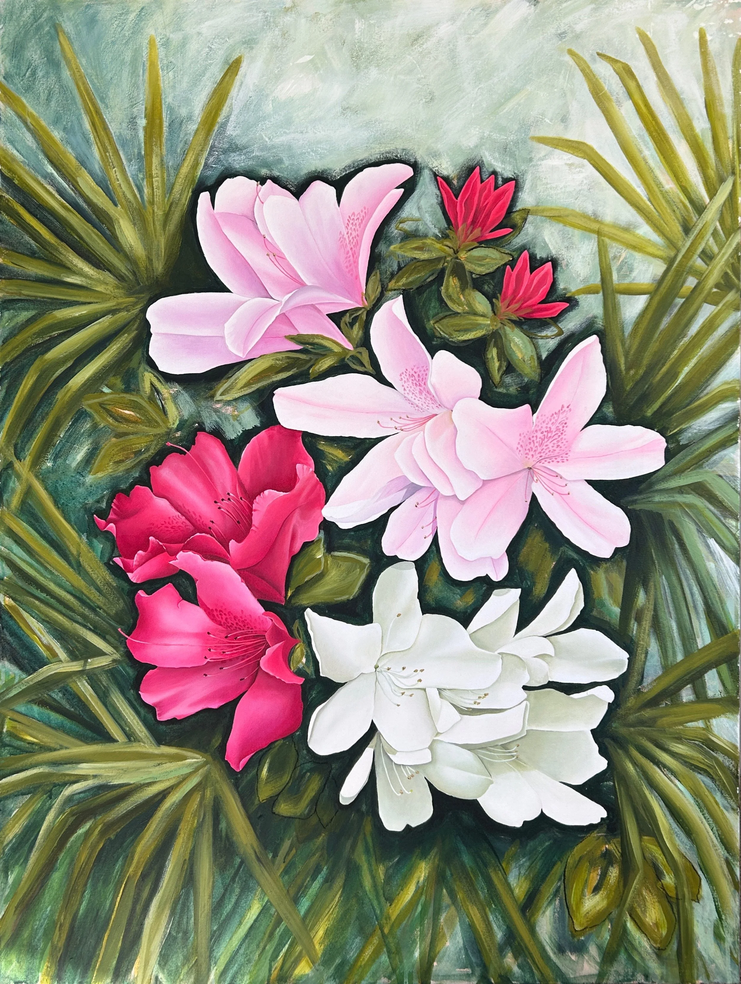 A painting of various blooming flowers, including pink, white, and red Azalea blossoms, surrounded by green leaves and palm fronds by Laura Dunn of Mac Lucille.