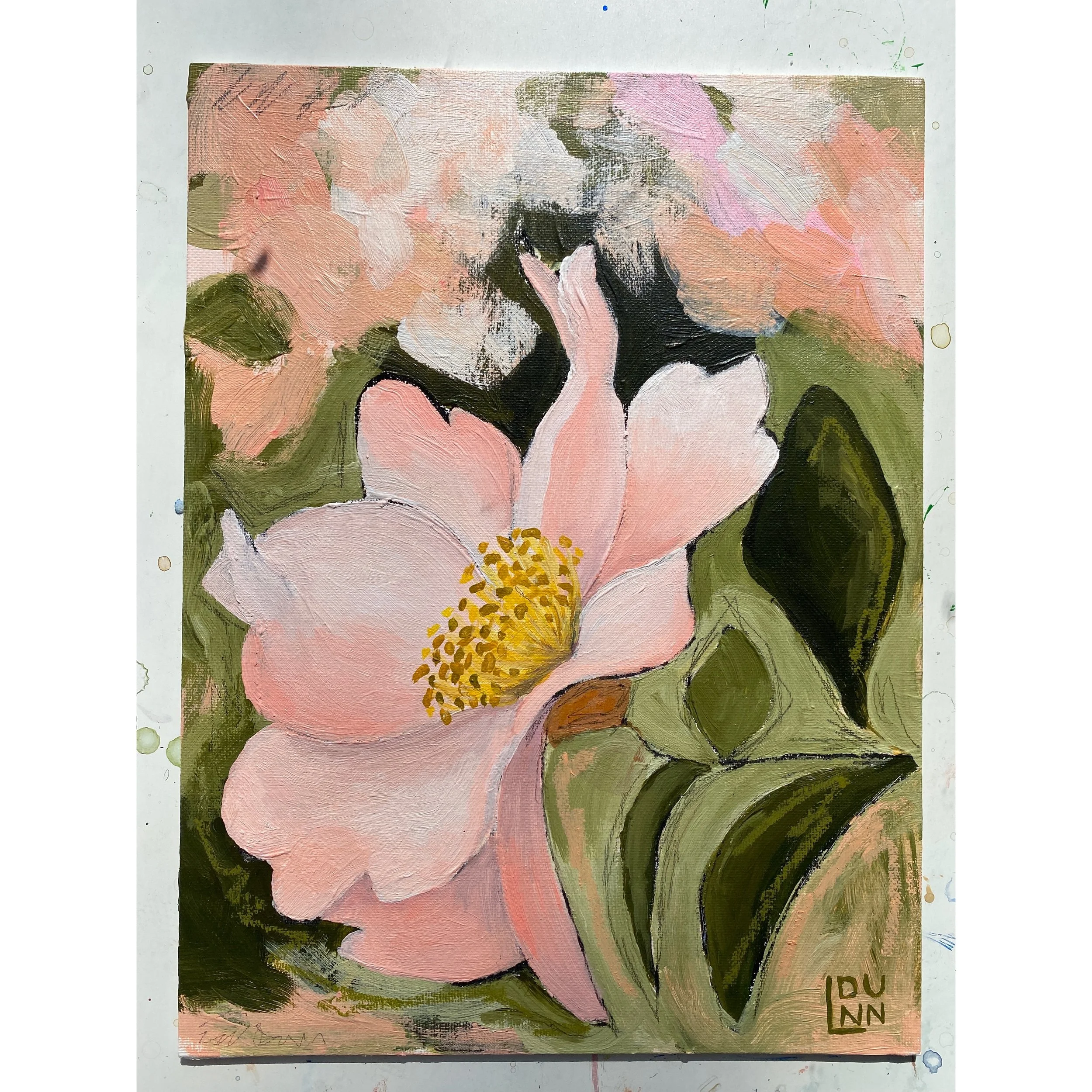 Pink Camellia bloom painting on abstract green, coral background