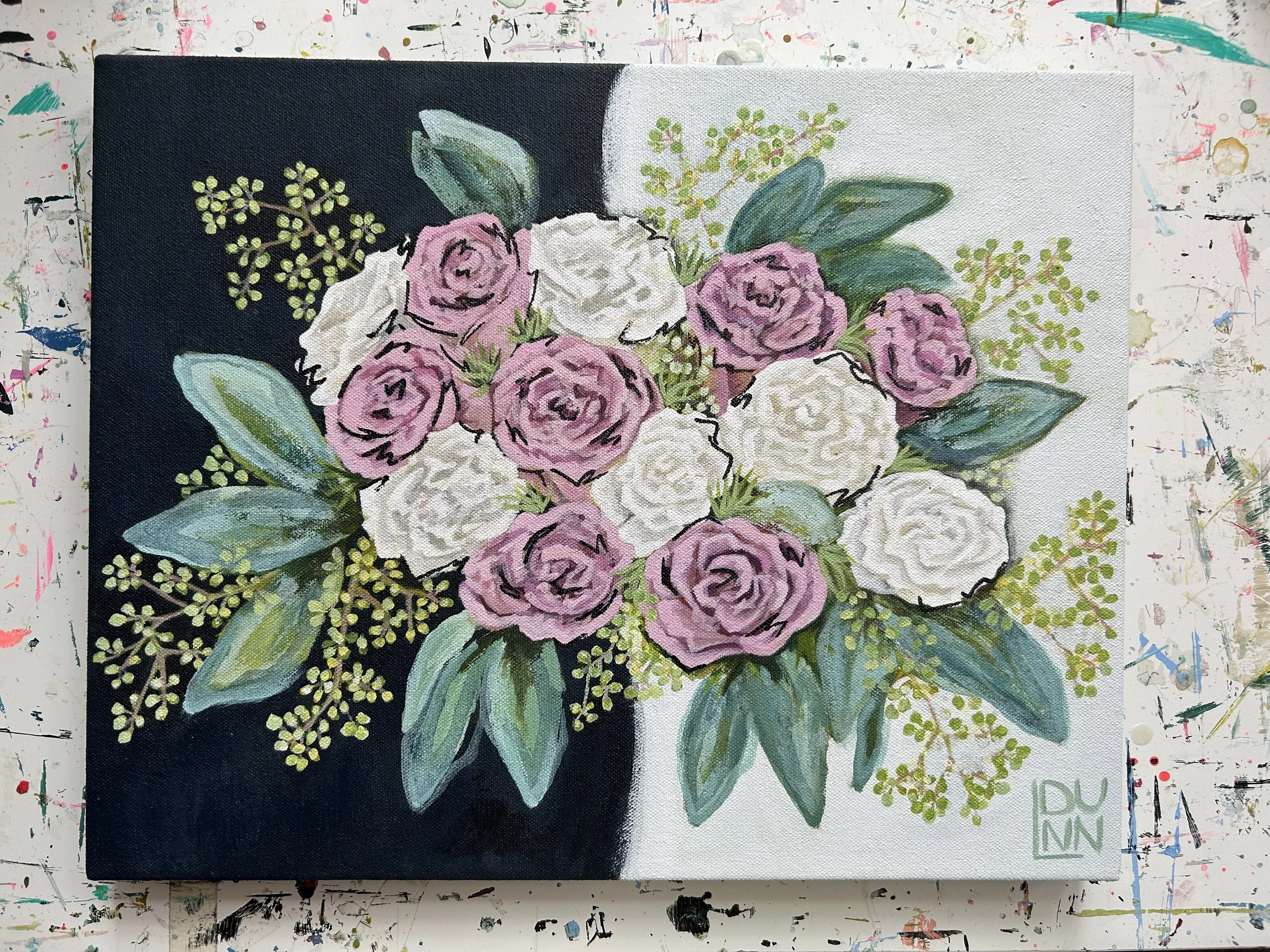 A painting of a bouquet of pink and white flowers with green leaves on a split background of black and white.