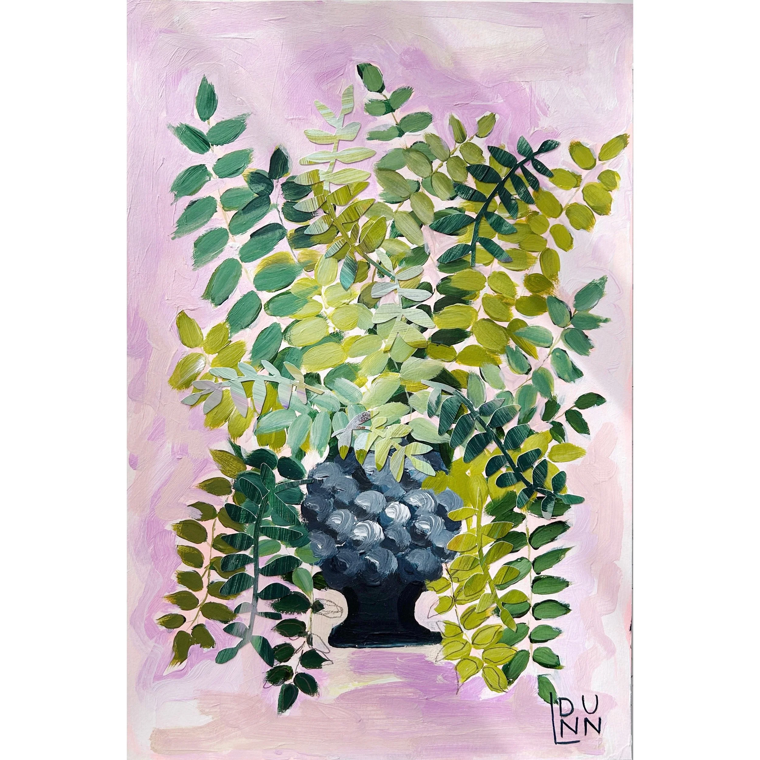 Painting of a potted plant with green leaves against a pink background. The leaves are arranged around a black vase with bluish-gray flowers. The artist signature 'LDUNN' is in the bottom right corner.