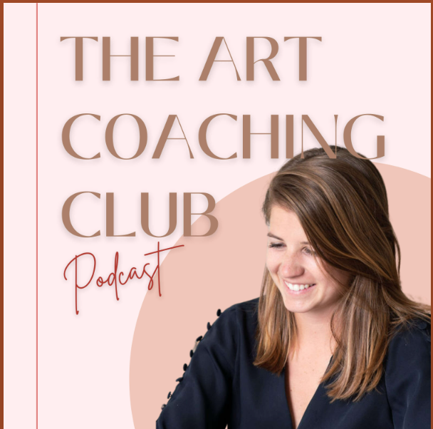 Cover art for 'The Art Coaching Club Podcast' featuring a woman with shoulder-length brown hair and a navy top, smiling against a pink and beige background.