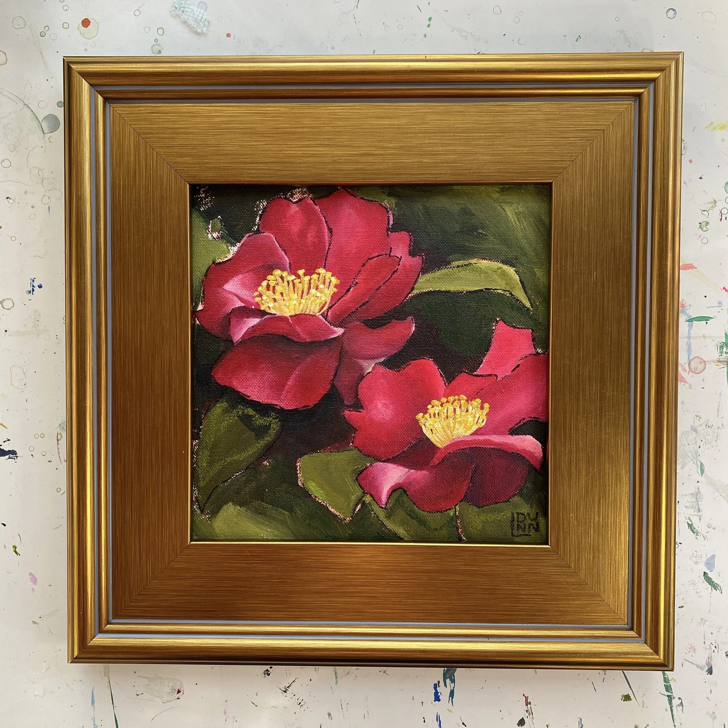 Red Camellia painting "Bringin' Sexy Back" 8x8