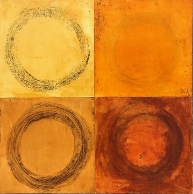 SUMMER AFTERNOON oil, cold wax, ink, collage on cradled panel 20" x 20"   SOLD