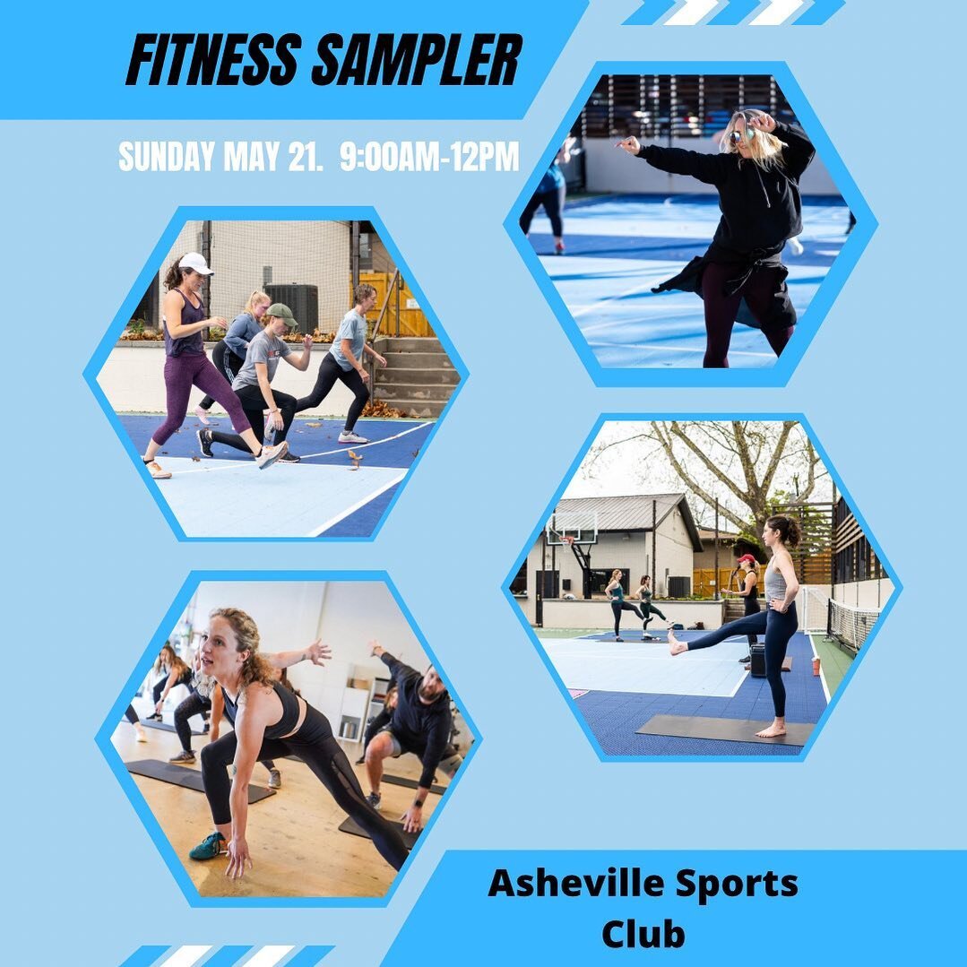 Join us on the courts as we host a Fitness Sampler, Sunday May 21, 9AM.  4 super fun classes to burn some calories, build strength, and have a great time.  You can take one or all and the best part it is free!

Class are as scheduled: 
9:15AM: @ashev