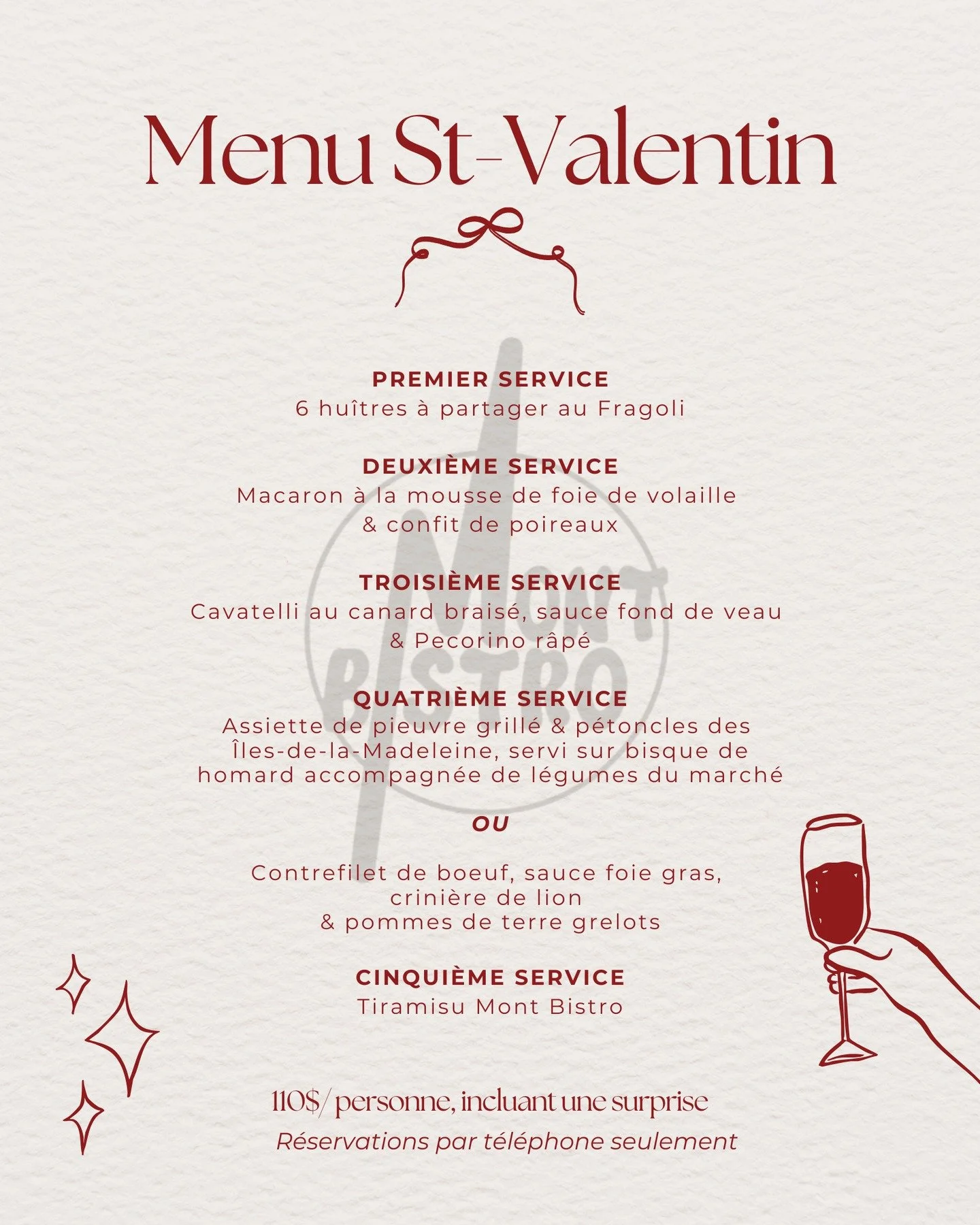 Vous l&rsquo;avez r&eacute;clam&eacute;, alors on vous pr&eacute;sente chaleureusement notre menu Saint-Valentin 2026 ❤️

Menu &agrave; 110 $ par personne &mdash; un repas 5 services, incluant une petite surprise ✨

Le menu sera disponible tout le we