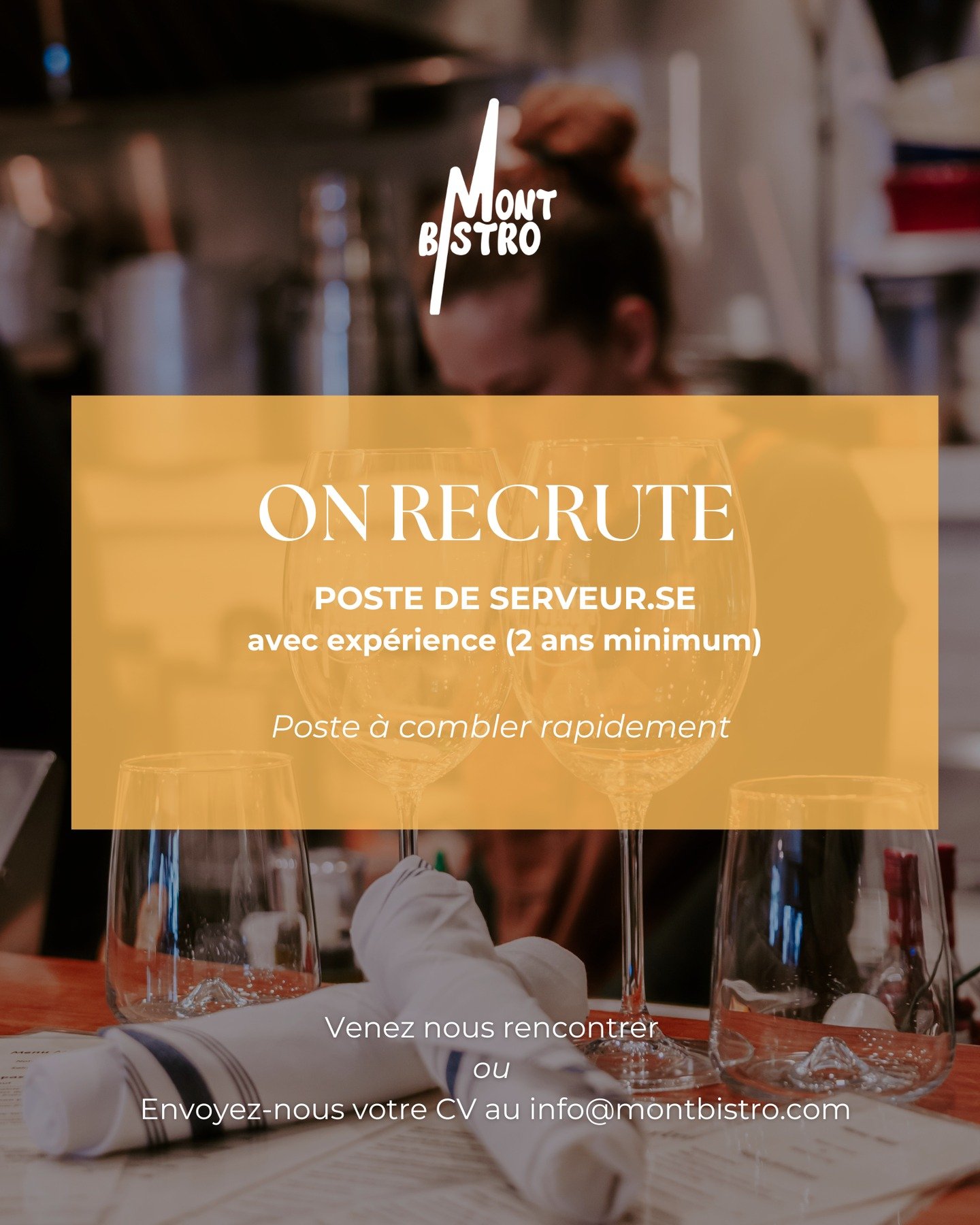 L&rsquo;&Eacute;QUIPE RECRUTE 📣 

On est &agrave; la recherche d&rsquo;un(e) serveur (se) d&rsquo;exp&eacute;riences pour combler notre &eacute;quipe ! 
☞ 2 ans d&rsquo;exp&eacute;rience en service minimum.

Passe nous voir du jeudi au lundi, ou env