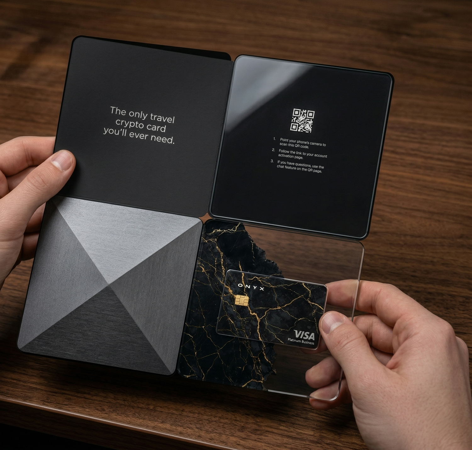 Onyx card and welcome card held in hands